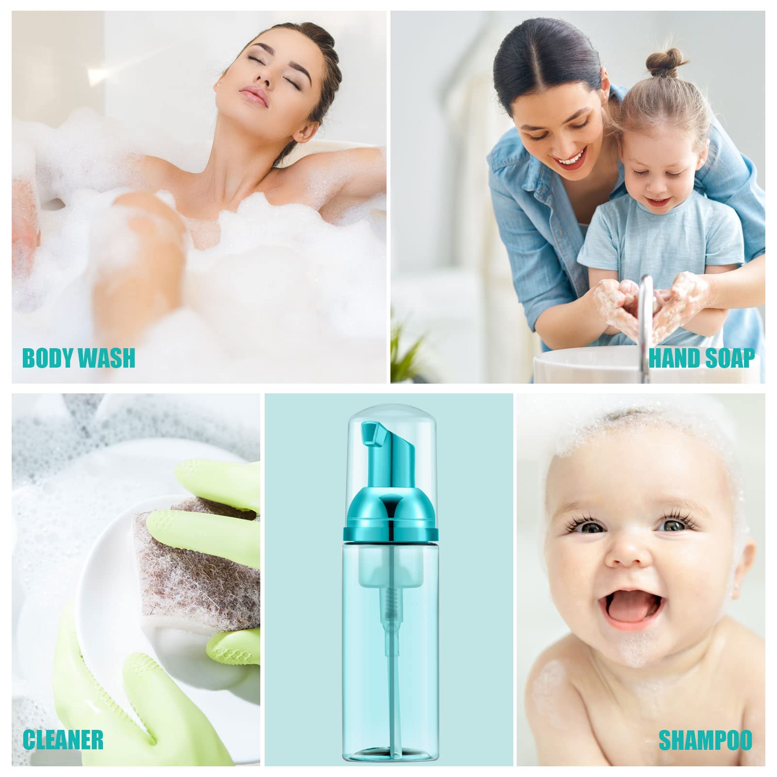 Lil Ray 2 OZ Transparent Blue Foam Bottles (12 Pack) - Empty Travel Foaming Dispensers for Hand Soap, Lash Shampoo & Cosmetics | Perfect for Salon, Bathroom & On-the-Go Use