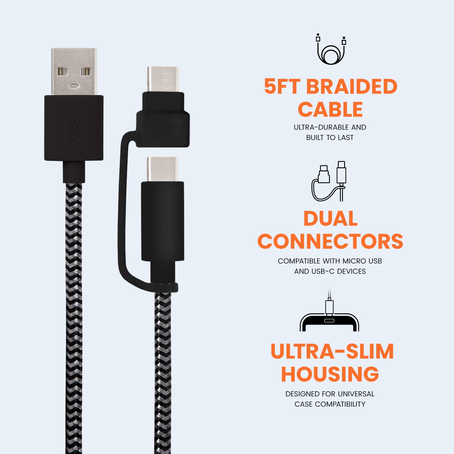 ReTrack Helix Braided Nylon USB-A to USB-C Charging Cable - 5ft Fast Charging & Data Sync Cord - Durable Micro USB Cable for Smartphones, Tablets & Laptops - Perfect for Home, Office & Travel Use