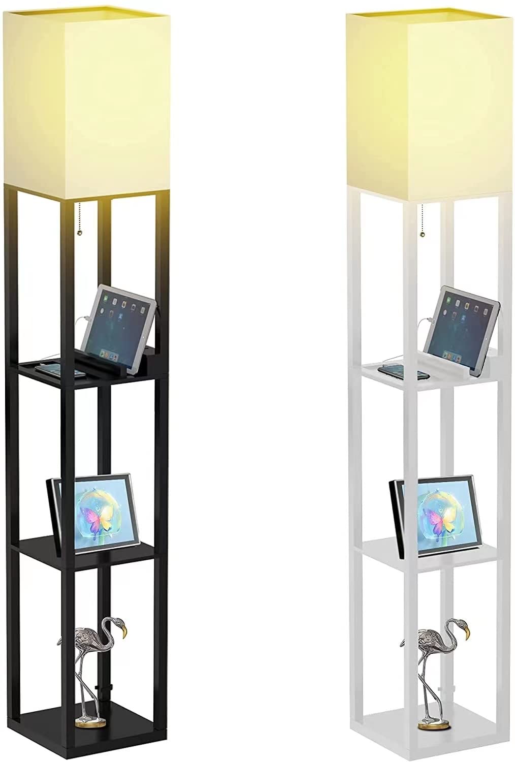Modern Wooden Floor Lamp with Shelves - 2 USB Ports & Power Outlet - Multi-Functional Standing Lamp for Bedroom, Living Room, Office - Black & White Design - Perfect for Reading, Working & Home Decor