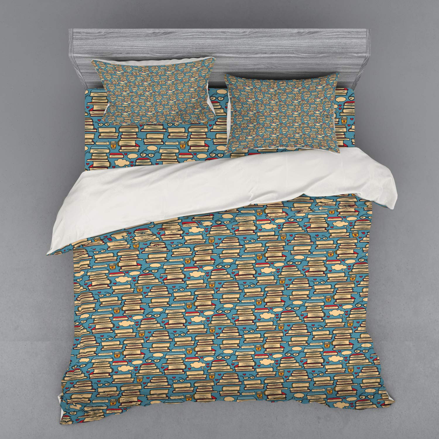 Ambesonne Geek Bedding Set - 4 Piece King Size Duvet Cover with Pillow Shams & Fitted Sheet, Stack of Books Hearts Coffee Glasses Repeating Pattern - Perfect for Book Lovers, Nerds & Cozy Bedroom Decor