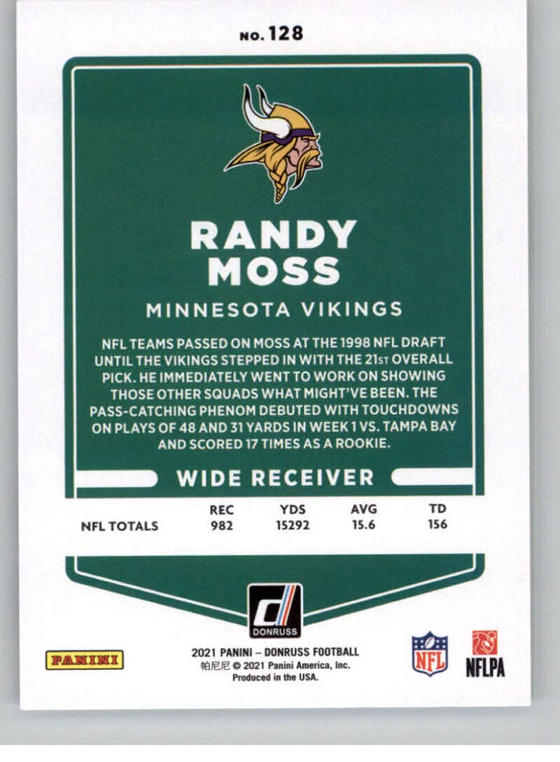 2021 Donruss #128 Randy Moss Minnesota Vikings NFL Football Card NM-MT - Perfect for Collectors, Sports Memorabilia & Fan Gifts