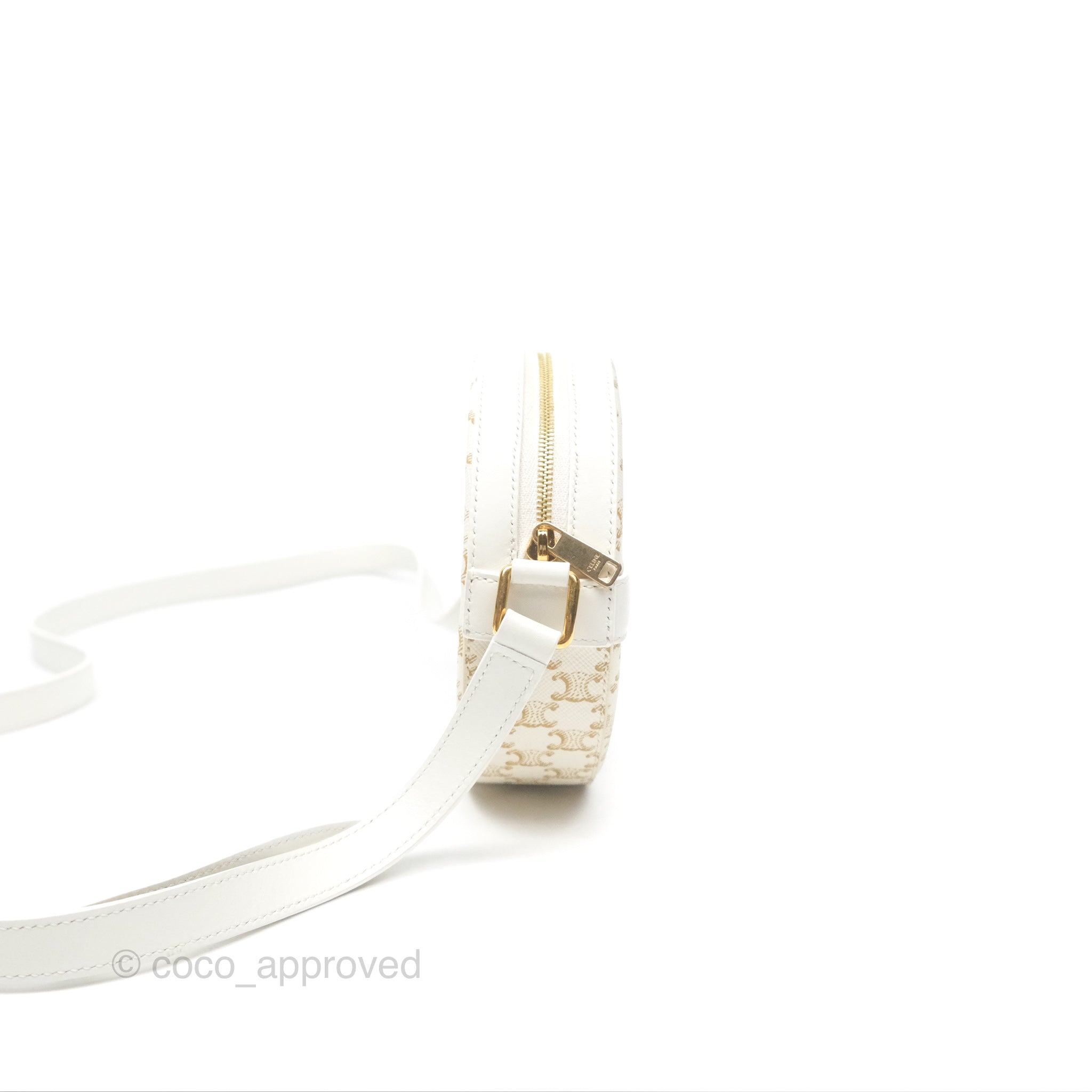 Celine Round Crossbody Bag with Strap - Triomphe Canvas & White Calfskin Leather - Perfect for Everyday Use, Work & Evening Out