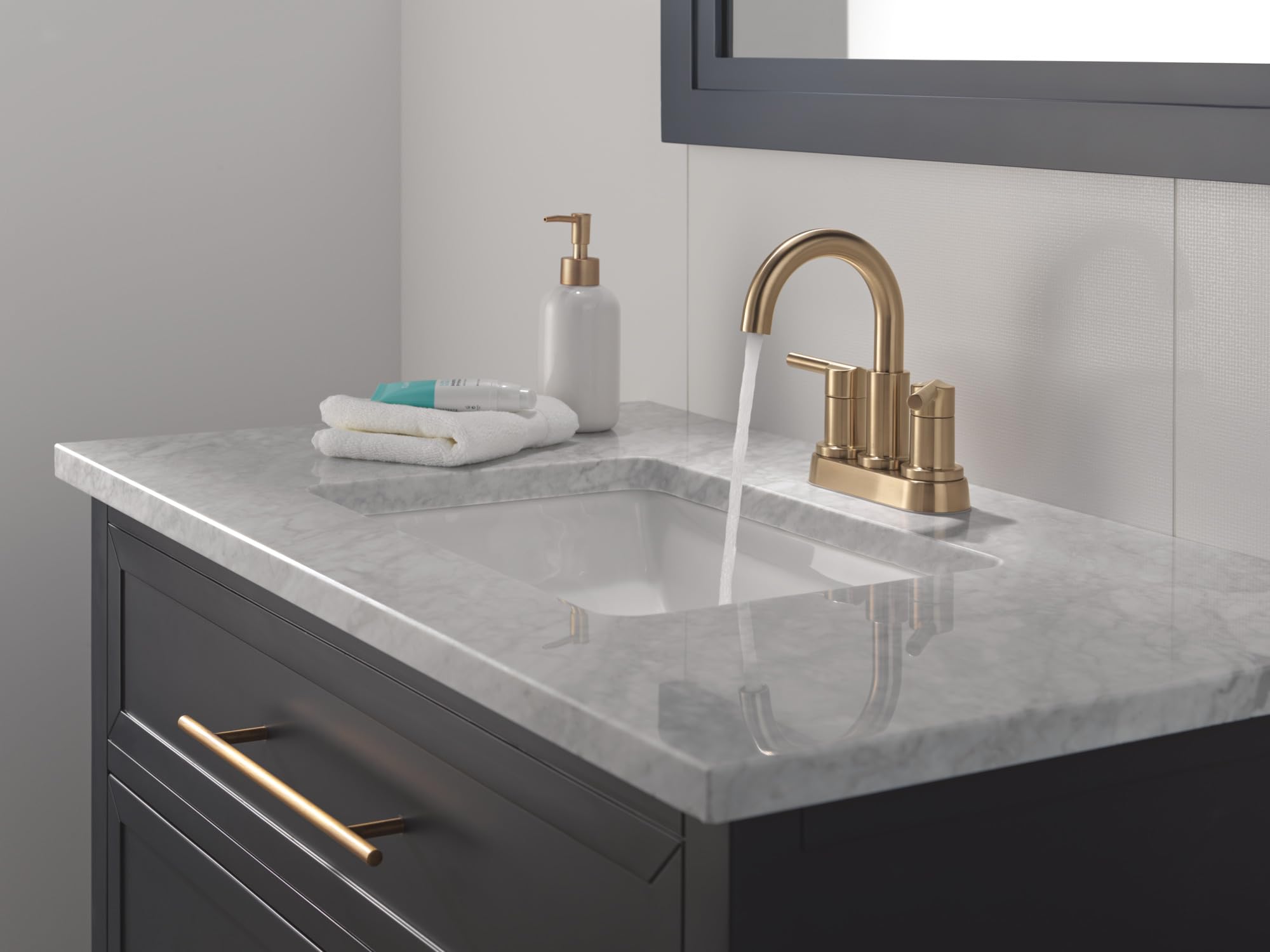 Delta Nicoli Centerset Bathroom Faucet - 2-Handle Champagne Bronze Bathroom Sink Faucet with 3-Hole Installation (Model 25749LF-CZ) for Modern Bathroom Renovation & Home Upgrade
