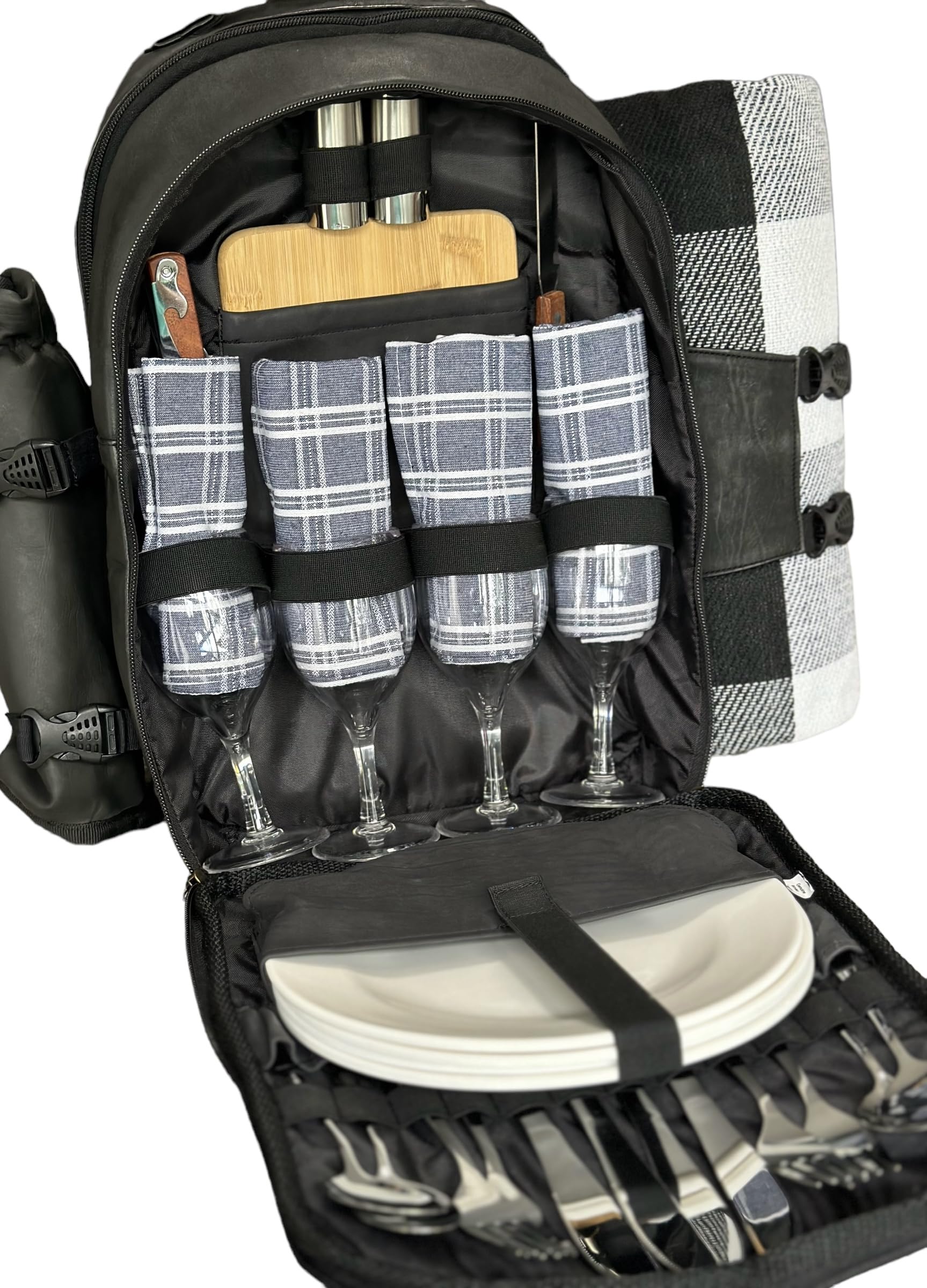 Premium Genuine Leather Picnic Backpack for 4 People - Insulated Cooler Compartment, Waterproof Blanket, 4-Piece Dinner Plates & Cutlery Set - Luxury Outdoor Picnic Essentials for Couples & Families (Black) - Perfect for Beach, Park, Camping & Romantic Dates