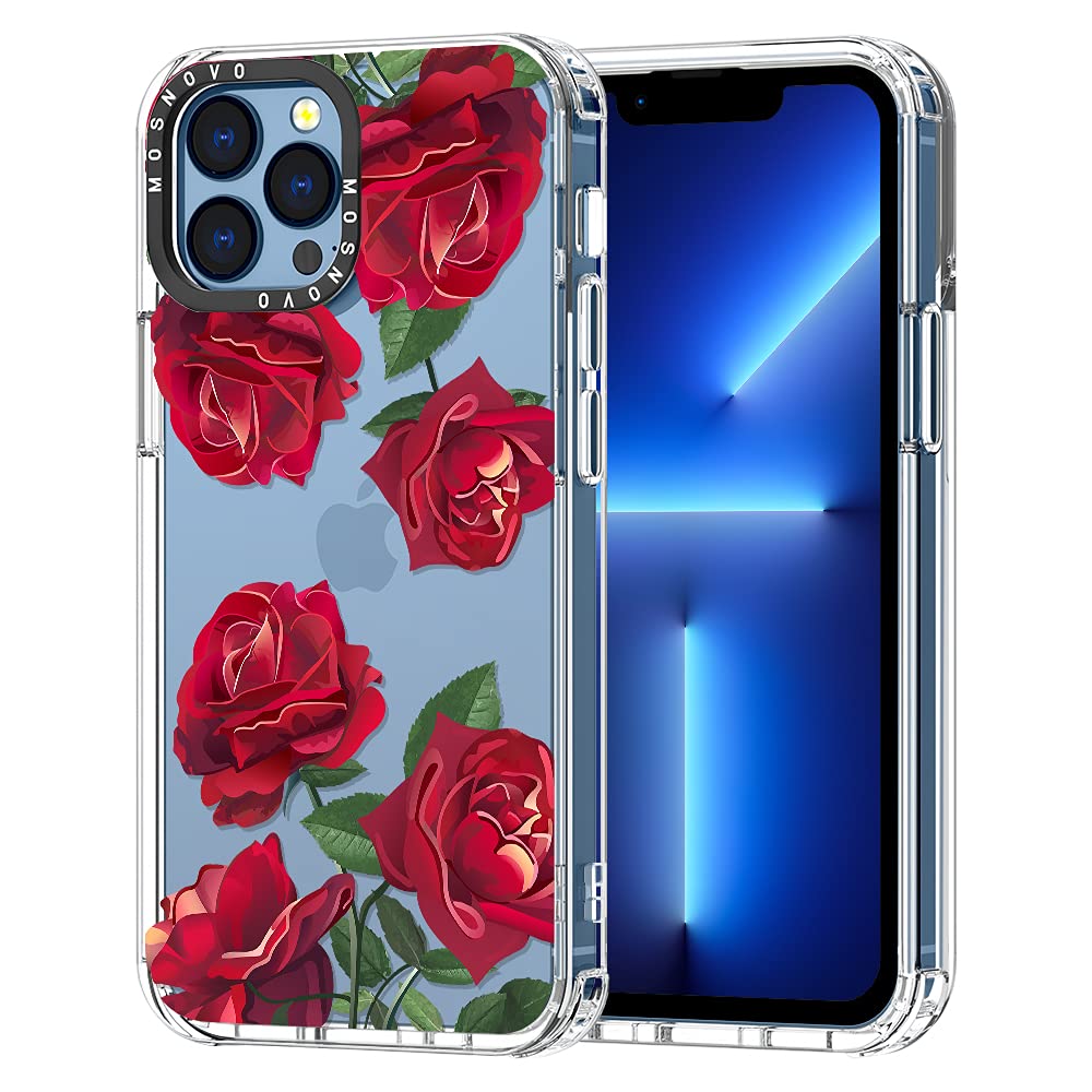 **MOSNOVO iPhone 13 Pro Max Case (6.7 Inch) – Shockproof Clear TPU Bumper with Red Roses Design for Women | Stylish & Protective Phone Cover for Everyday Use, Travel & Outdoor Activities**
