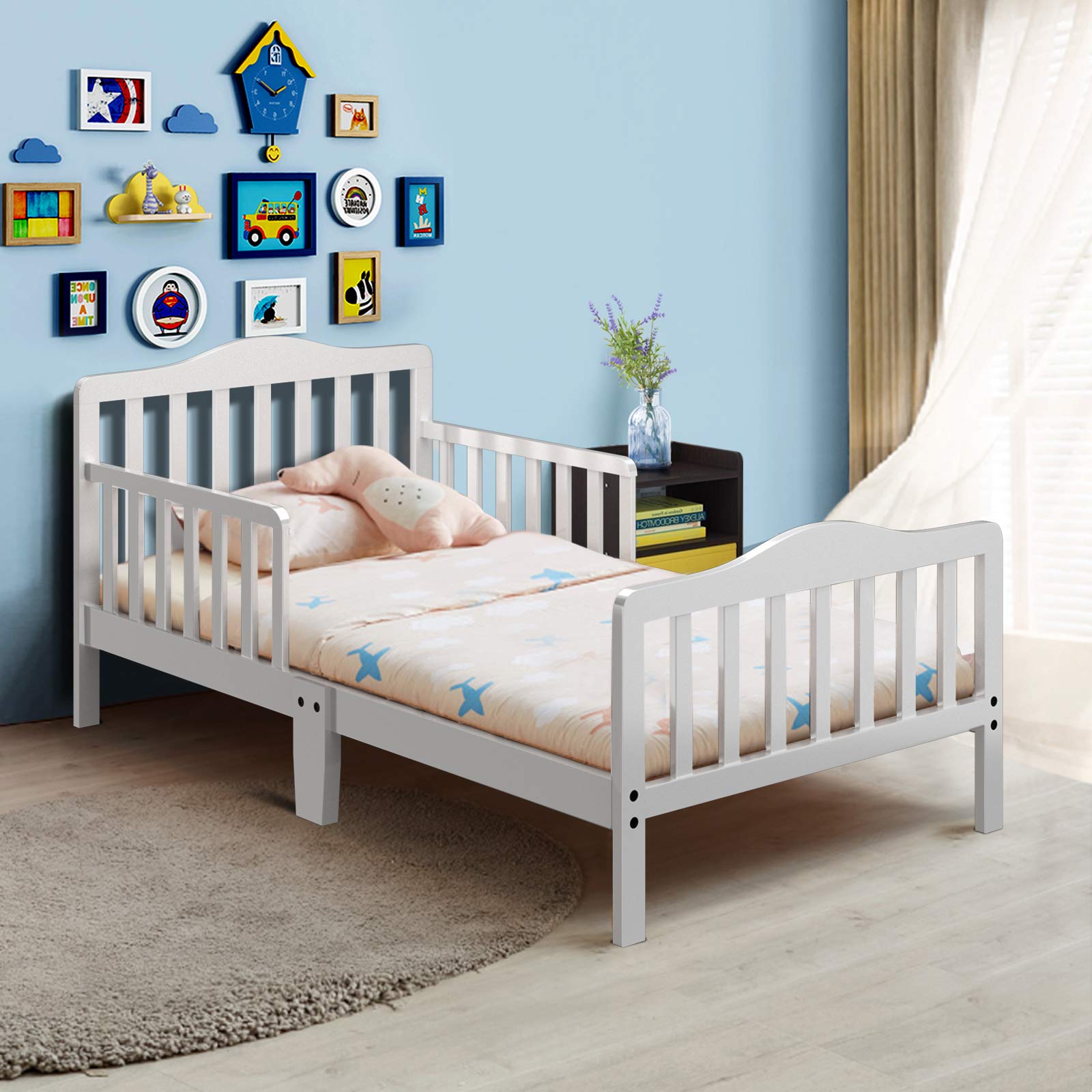 Costzon Toddler Wood Bed Frame with Safety Guardrail - White | Kids Bedroom Furniture for Boys & Girls