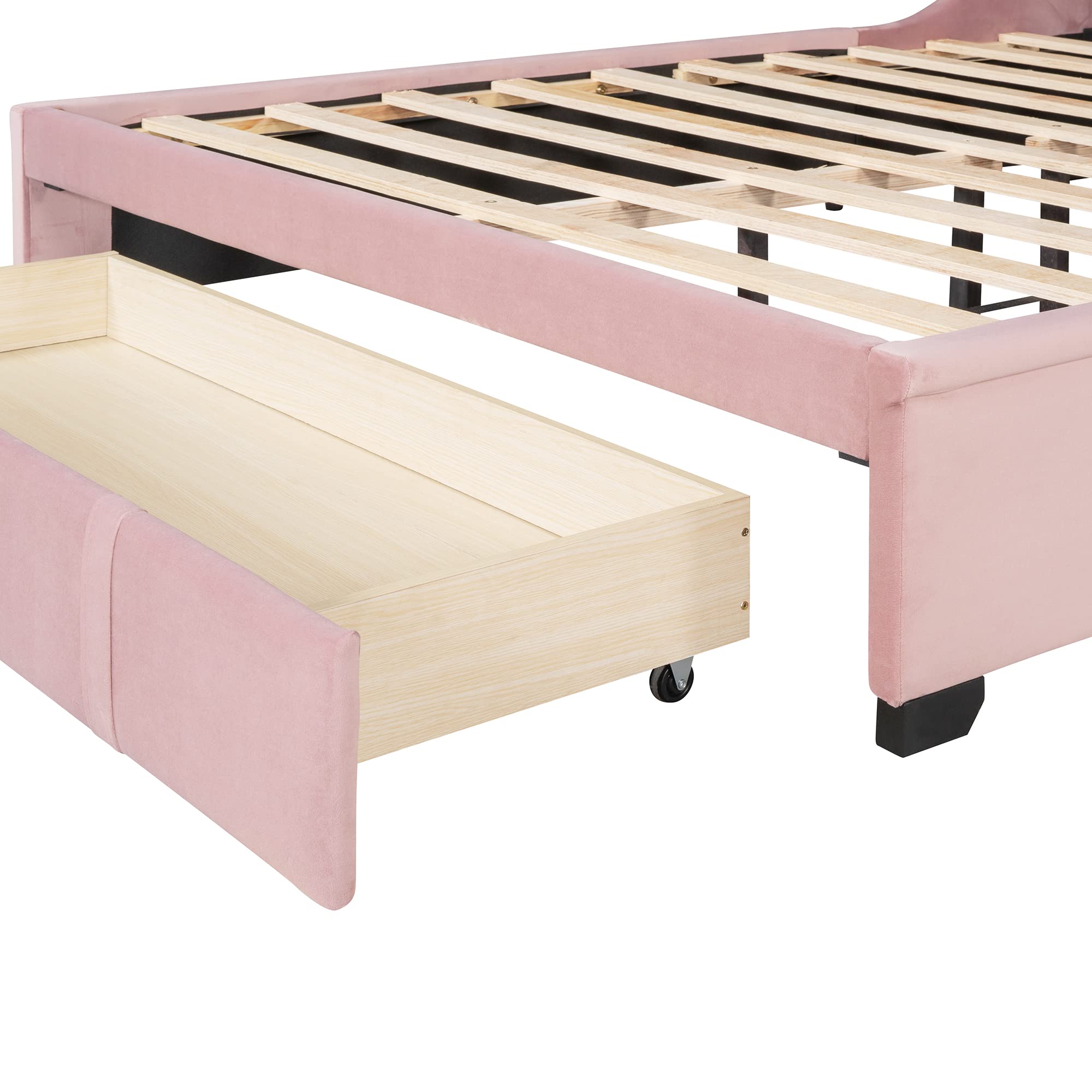 Harper & Bright Designs Queen Size Velvet Upholstered Platform Bed with Storage Drawer & Wingback Headboard - No Box Spring Needed, Pink - Perfect for Bedroom, Guest Room & Small Space Living