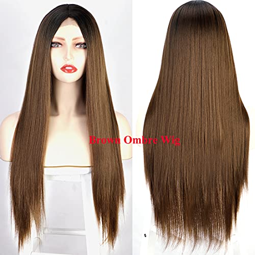 Long Straight Ombre Brown Wig with Middle Part - Natural Looking Synthetic Hair for Daily Wear & Cosplay
