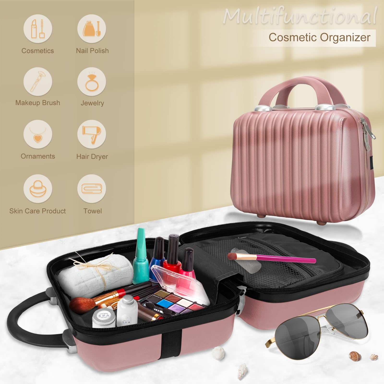 11 Inch Hard Shell Makeup Travel Case - Portable Cosmetic Train Case Bag with Elastic Straps & Mirror, Mini Suitcase Organizer for Women | Perfect for Air Travel, Bridal Makeup, Salon Professionals & Toiletry Gifts