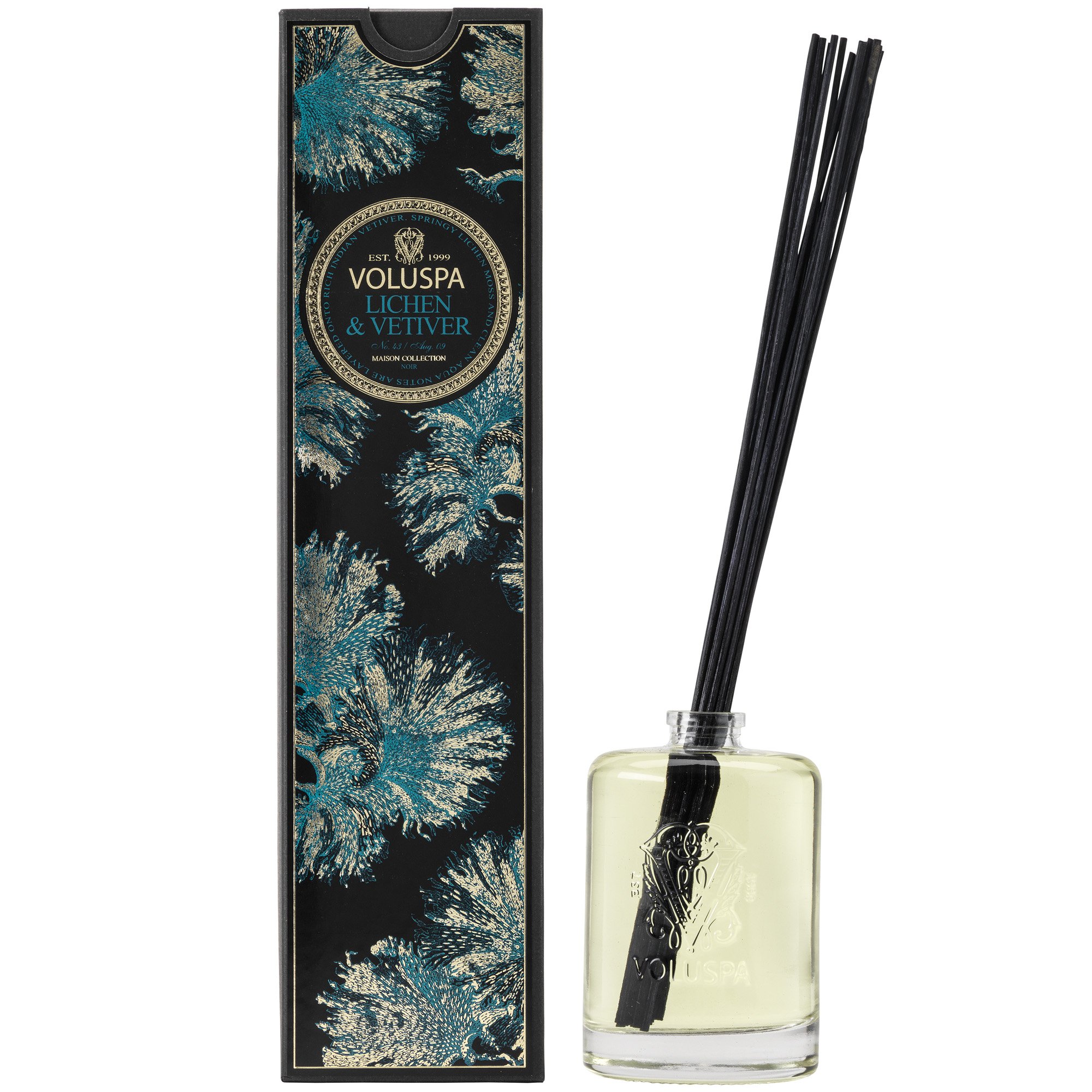 Voluspa Maison Noir Collection Reed Diffuser - Lichen & Vetiver Scent - 6 oz Home Fragrance Oil Diffuser for Living Room, Bedroom, Office & Bathroom Aromatherapy