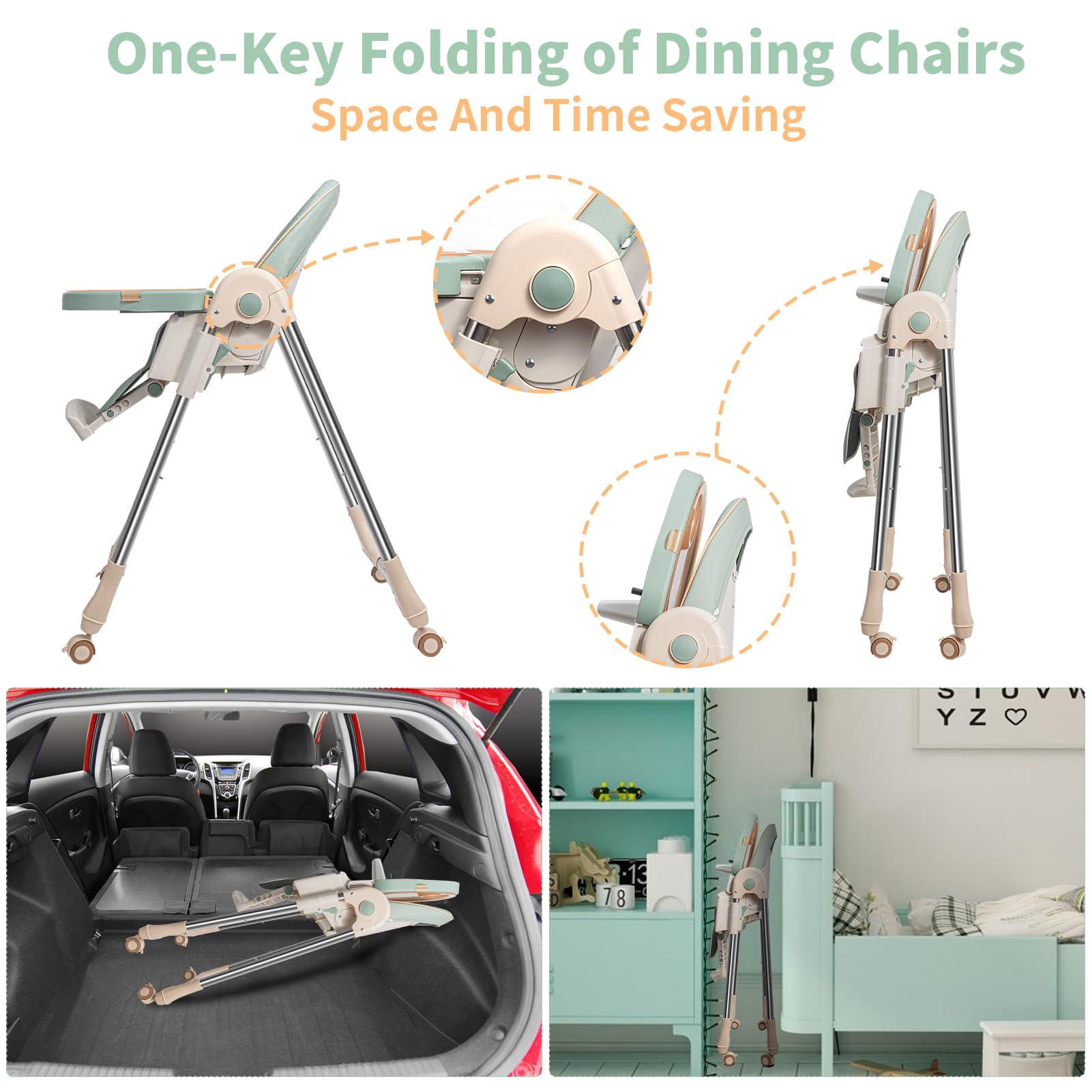 **Adjustable Baby High Chair for Infants & Toddlers - Foldable, 4-Wheel Design with Double Removable Trays - Supports Up to 50KG - Perfect for Feeding, Playtime & Dining**