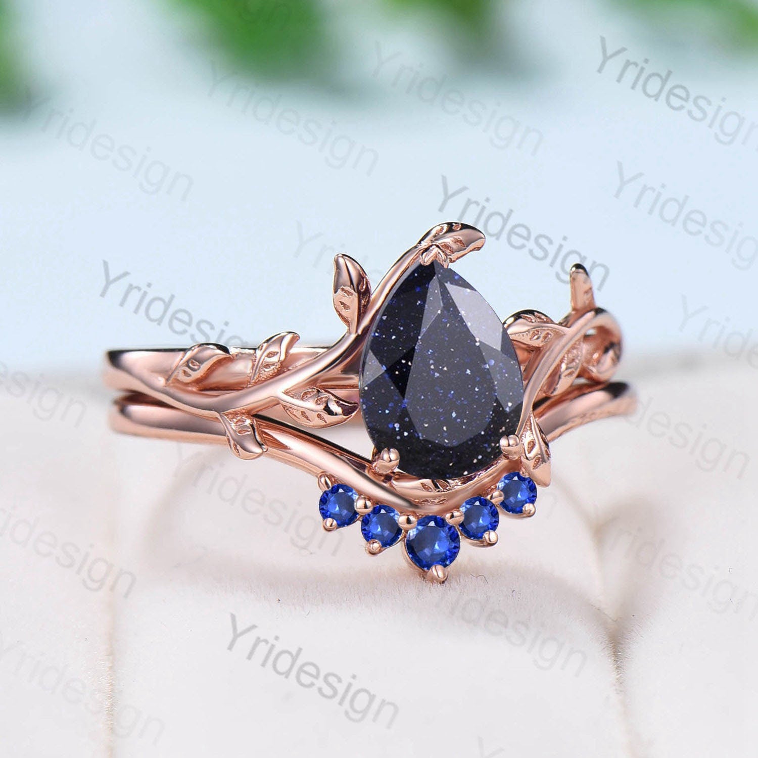 Nature Inspired Pear Shaped Blue Sandstone Engagement Rings Set - Vintage Leaf Wedding Band & Promise Ring - Blue Goldstone Proposal Gifts for Her - Perfect for Anniversaries, Valentine's Day & Romantic Occasions
