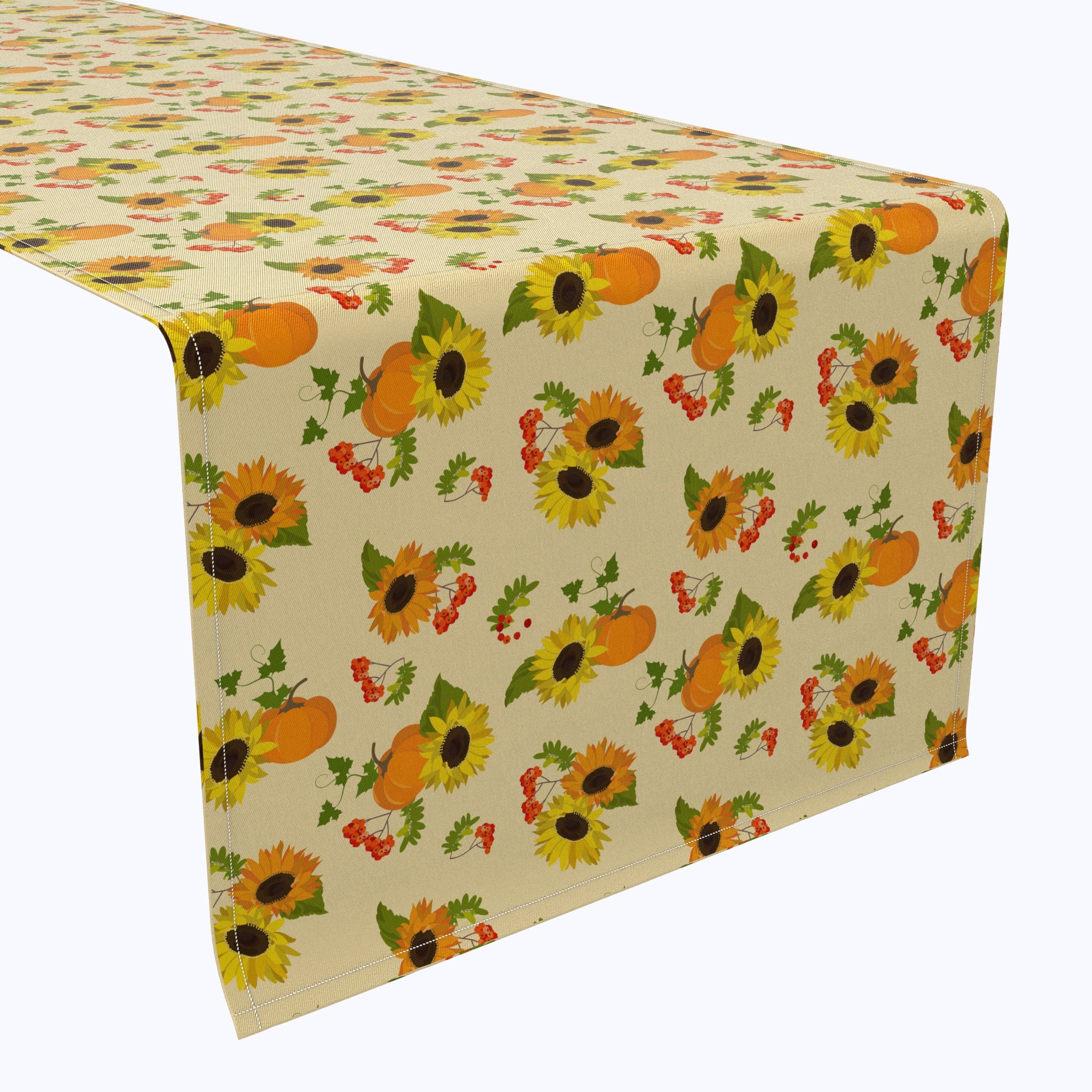 Autumn Sunflower and Pumpkin Cotton Table Runner - Farmhouse Decor for Thanksgiving & Fall Dining Table Setting