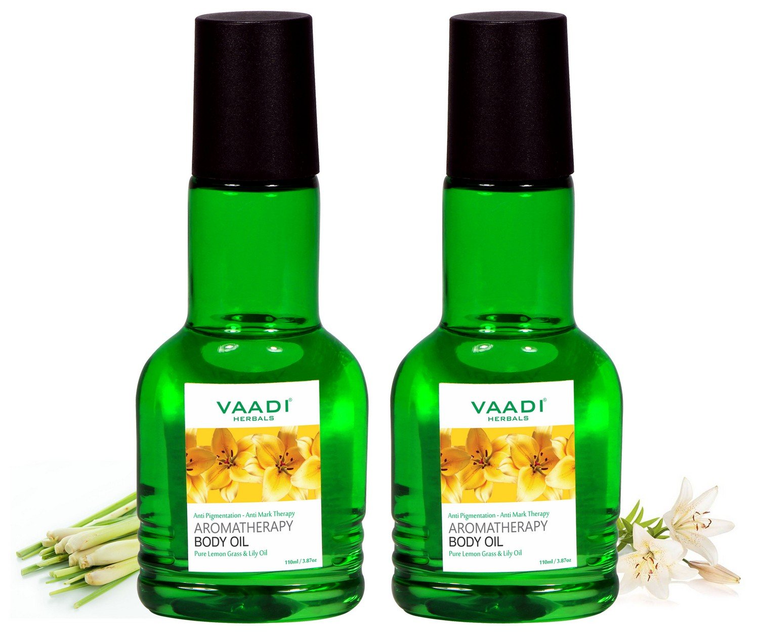 Vaadi Herbals Lemongrass & Lily Aromatherapy Body Oil - 110ml x 2 Pack for Relaxation, Massage & Skin Hydration - Perfect for Spa, Yoga & Self-Care Rituals