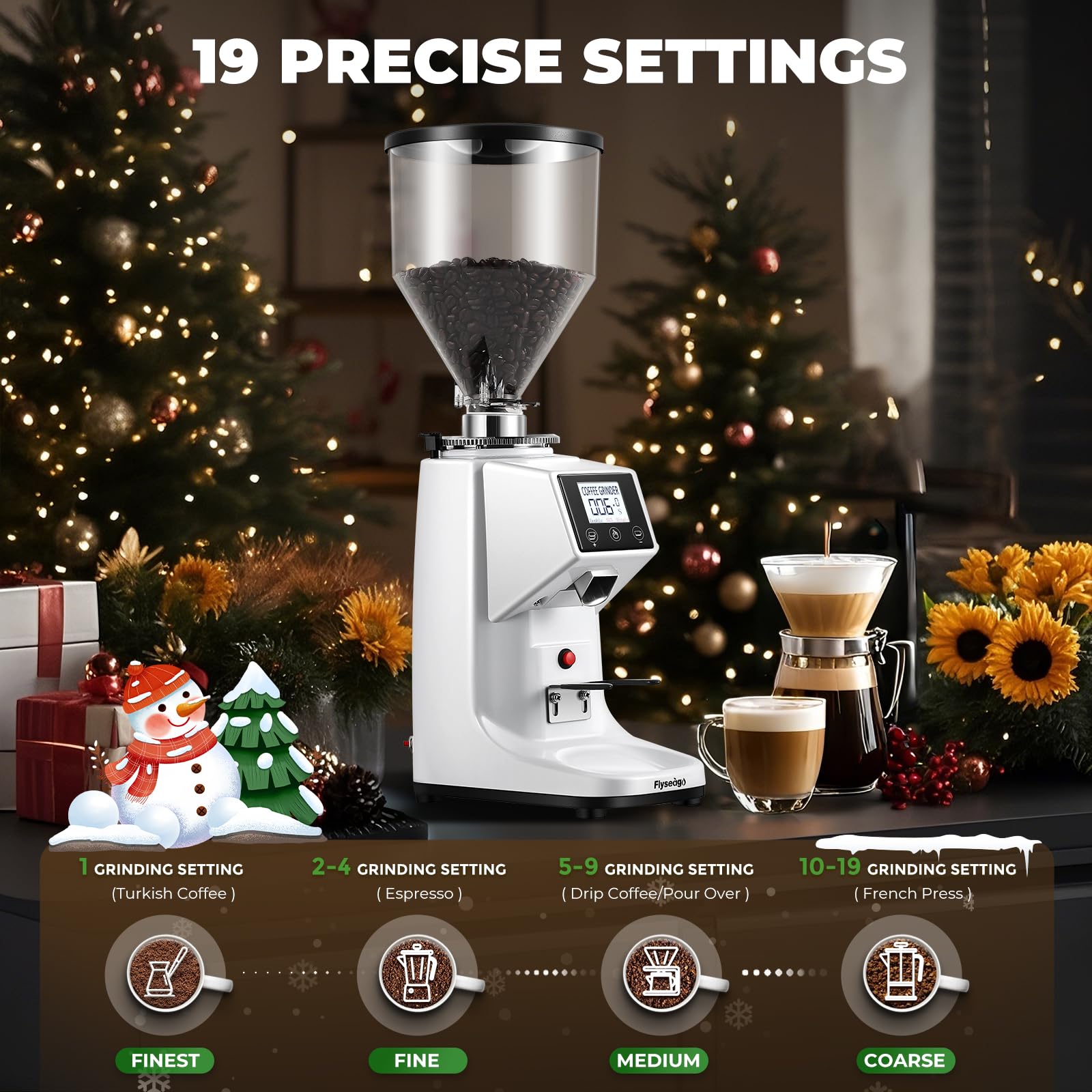 Commercial Electric Flat Burr Coffee Grinder - 19 Precise Settings, Touch Screen, 35oz Large Hopper - Perfect for Espresso Machines & Coffee Shops (White)