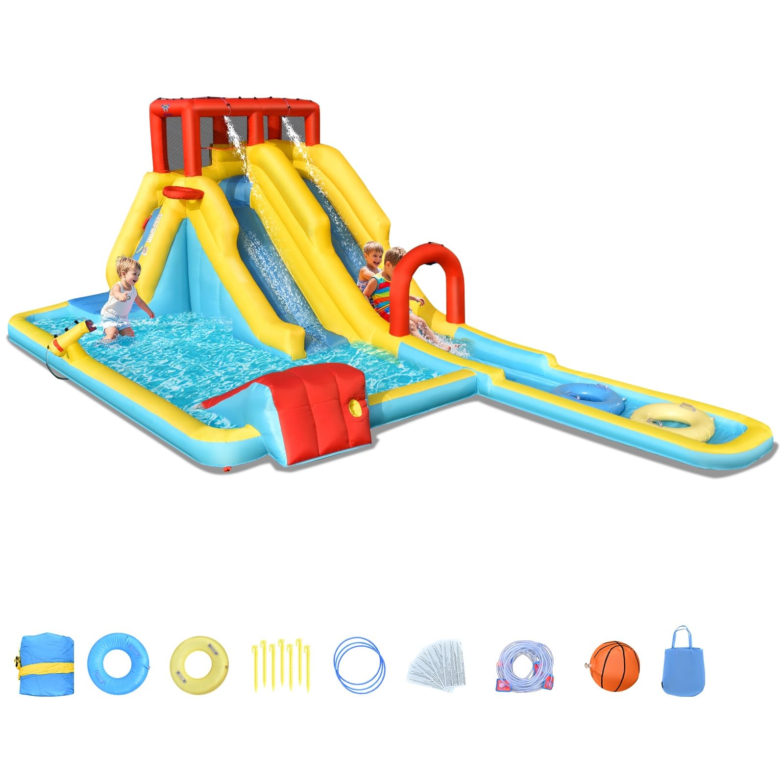 OLAKIDS Inflatable Water Slide - 7-in-1 Bounce House with Dual Slides, Climbing Wall, Splash Pool, Basketball Hoop & Water Blaster | Outdoor Water Park for Backyard, Birthday Parties & Summer Fun | Includes Carry Bag, Repair Kit & Water Hose