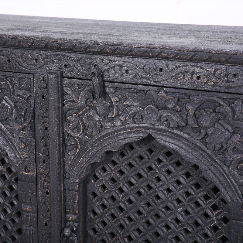 Distressed Black Carved Wooden Sideboard Buffet Table - Rustic Farmhouse Dining Room Storage & Serving Furniture for Home Decor