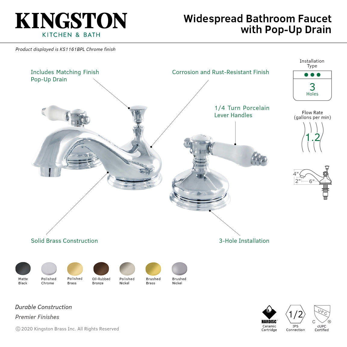 Bel Air KS1166BPL 3-Hole Widespread Bathroom Faucet with Brass Pop-Up Drain - Polished Nickel Finish - Perfect for Modern Bathroom Vanities and Sink Upgrades