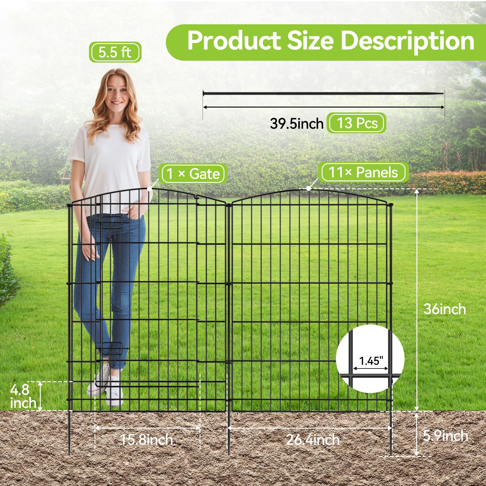 INJOPEXI 12 Panels 26ft x 36in Decorative Garden Fence with Gate - Rustproof Metal Wire No Dig Animal Barrier for Rabbits & Dogs - Perfect for Patio, Outdoor Yard & Garden Protection
