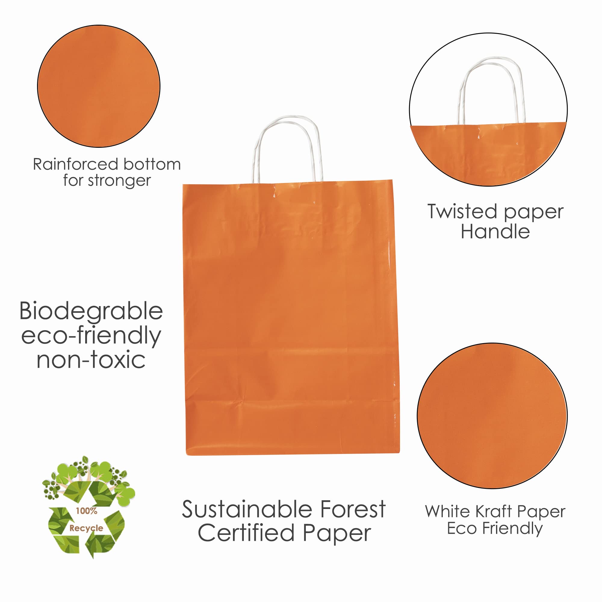 JET PAPER BAGS - 10x5x12 Inch [100 Pcs] Medium Kraft Gift Bags with Handles - Bulk Prime Kraft Paper Bags for Gifts, Grocery, Retail, Party & Weddings - Orange (100 Count) - Perfect for Birthday Presents, Bridal Showers & Holiday Gift Wrapping