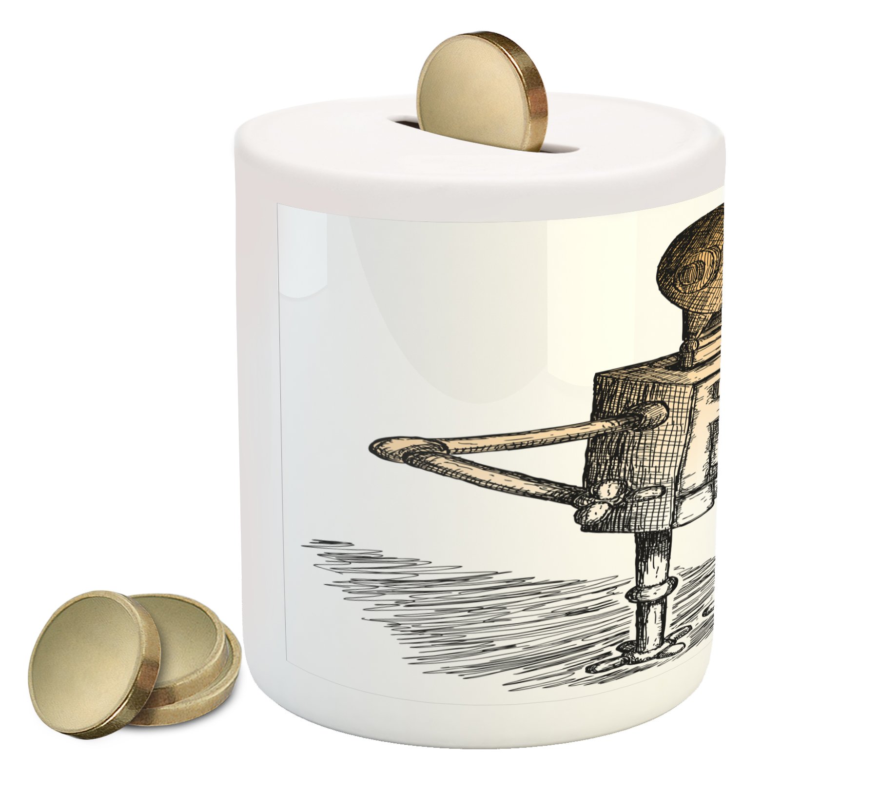 Ambesonne Fantasy Piggy Bank - Hand Drawn Robot Sketch Humor Character Ceramic Coin Bank for Cash Saving | Pale Orange Black Grey | Unique Gift for Kids, Collectors & Office Decor