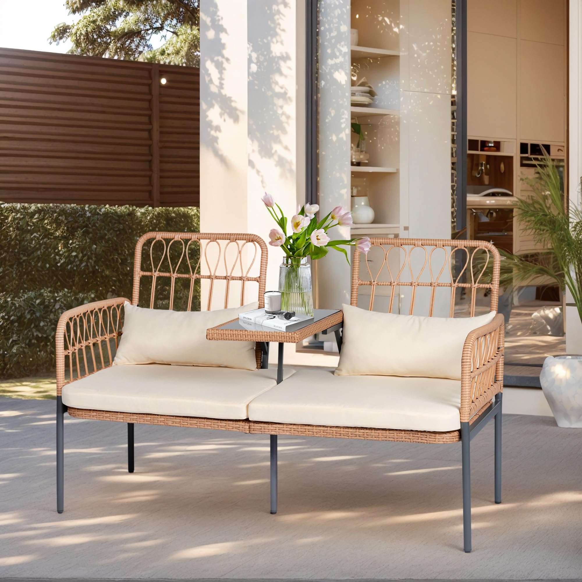 PROHIKER Outdoor Rattan Loveseat 2-Seat Sofa with Built-in Table, Lumbar Pillows & Cushions - All-Weather Wicker Patio Furniture for Porch, Balcony, Garden, Lawn, Backyard - Perfect for Relaxing, Entertaining & Outdoor Lounging