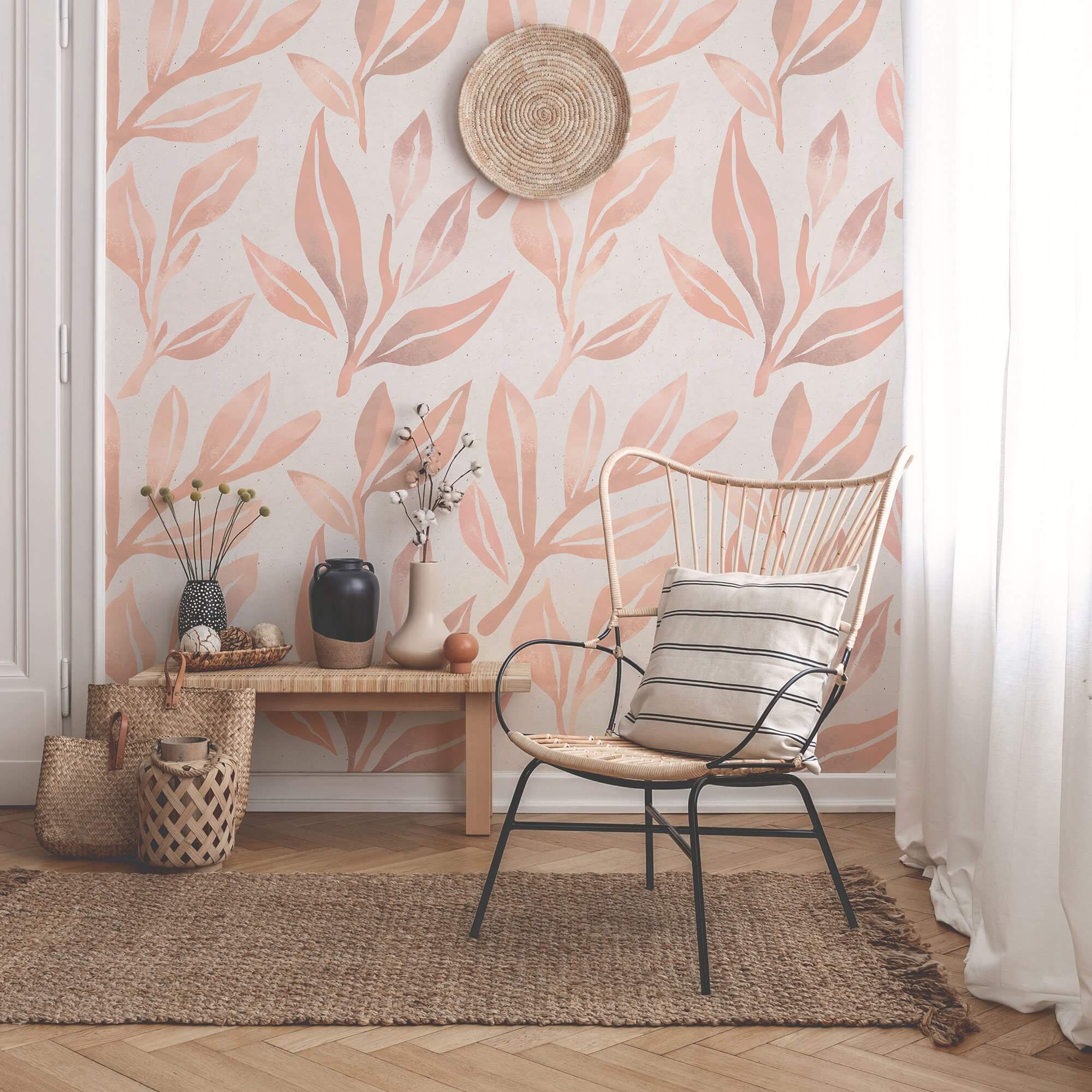 Coral Botanical Floral Peel and Stick Removable Wallpaper 8413 - Self-Adhesive Wall Decor for Bedroom, Living Room, Nursery & Office