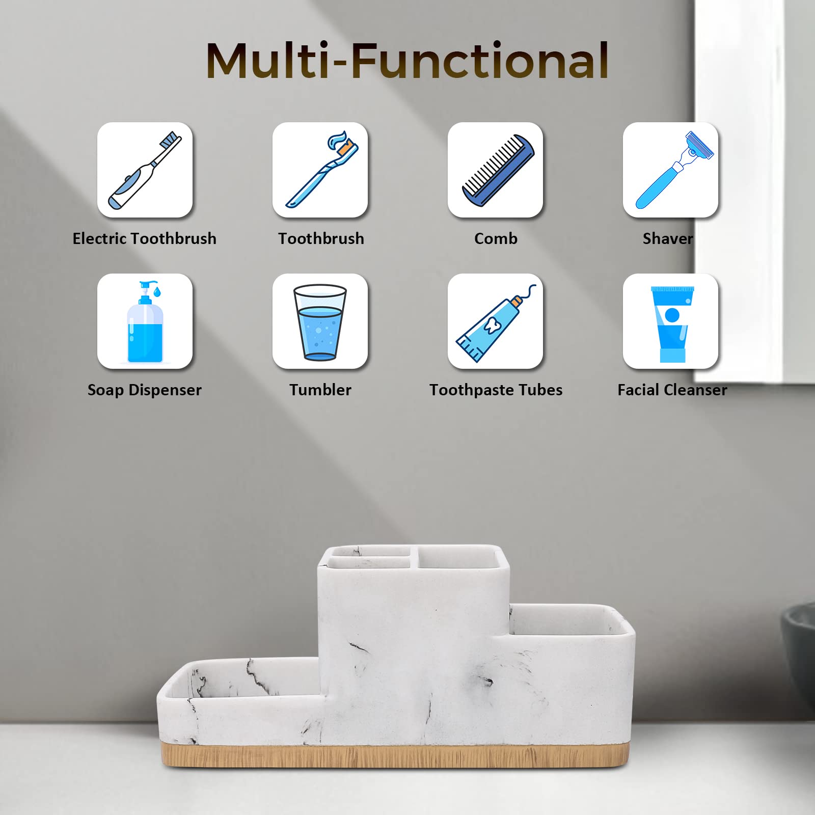 YMWVH White Resin Marble Toothbrush Holder - 5 Compartment Bathroom Organizer for Toothpaste, Razor & Essentials - Countertop Storage for Bathroom Accessories (Perfect for Small Spaces & Family Use)