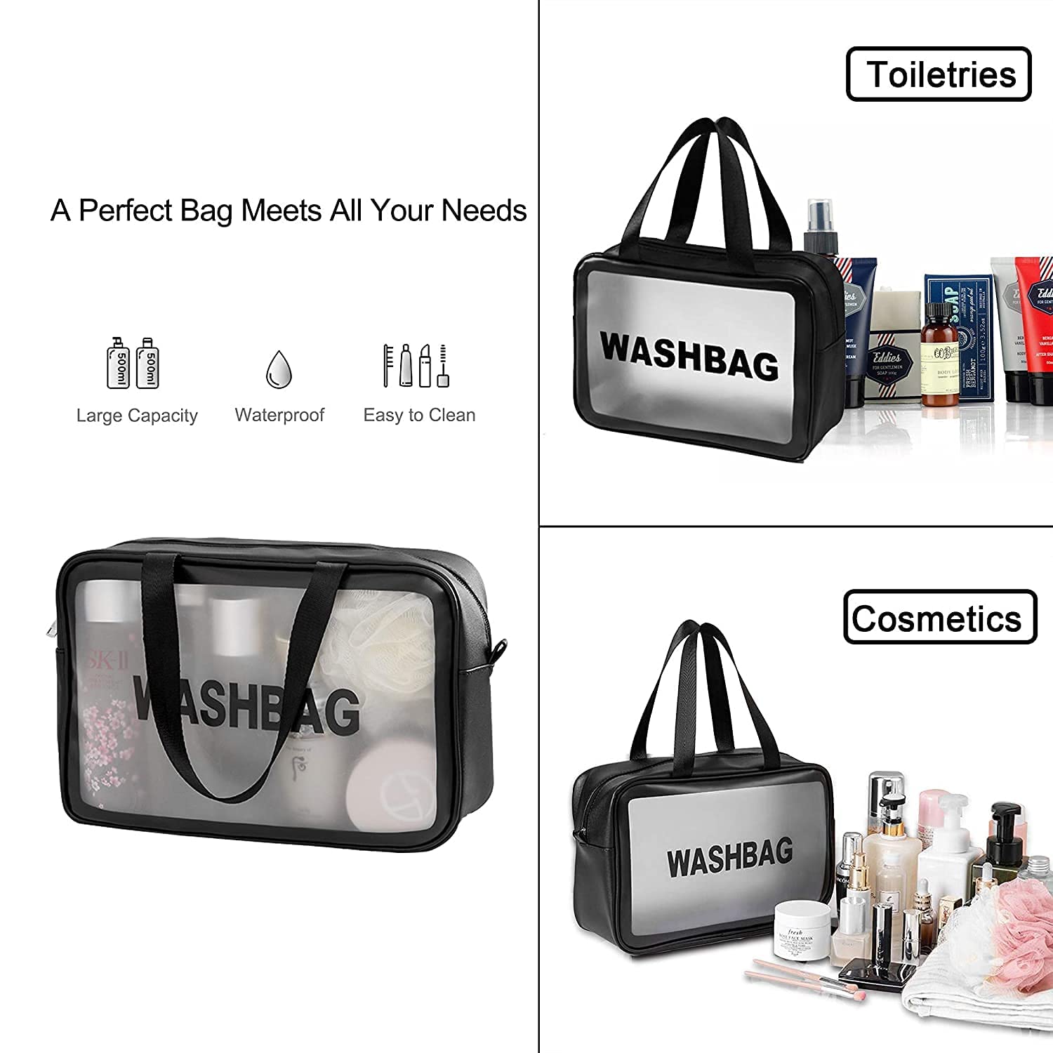 Clear PVC Toiletry Bag - Travel Cosmetic Pouch & Makeup Organizer for Men & Women | Waterproof Wash Bag for Gym, Vacation & Business Trips (Black)