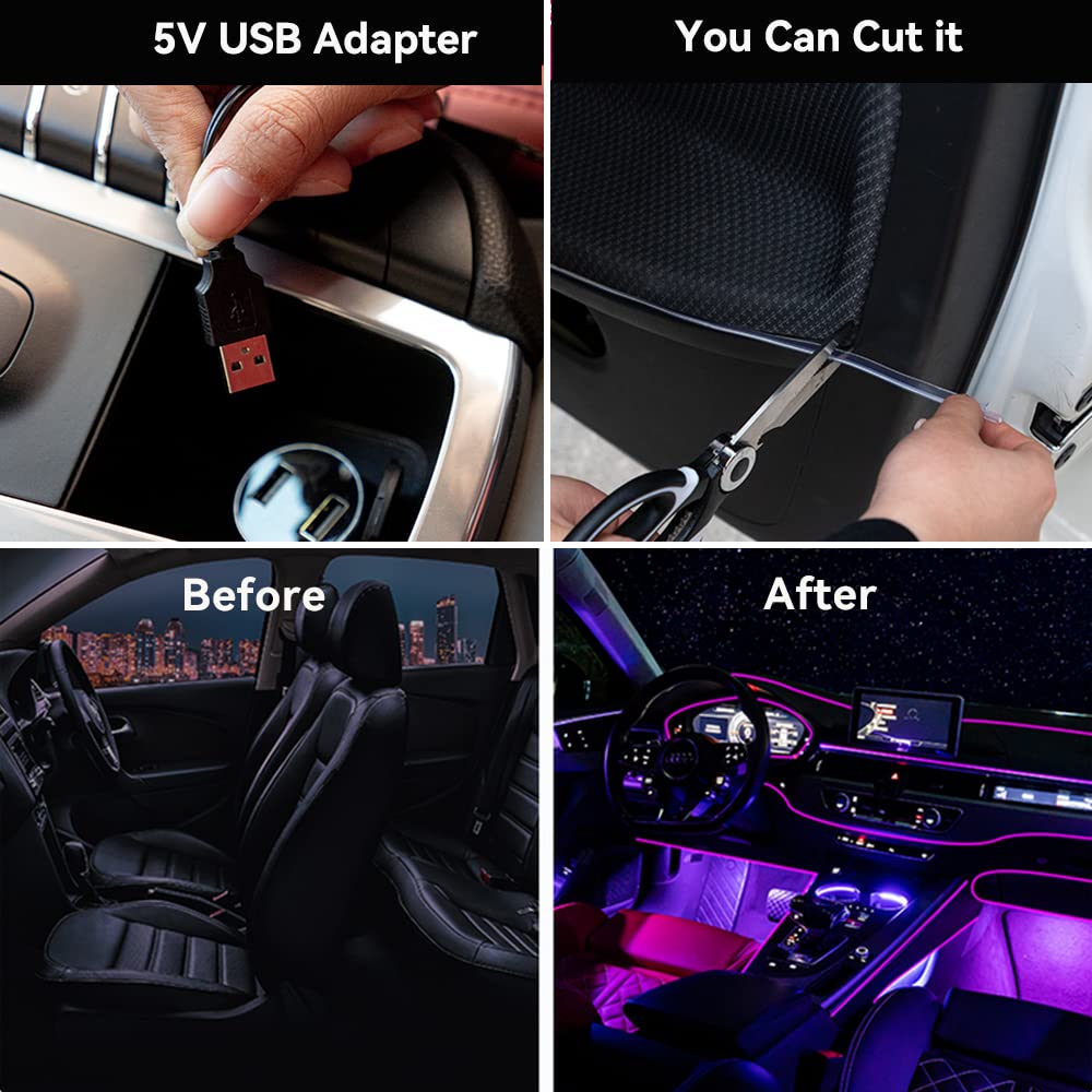 Purple EL Wire Lights for Car Interior - 16FT/5M USB-Powered LED Neon Strip Lights (5V) - Perfect for Car Decor, Garden Parties & Nighttime Events