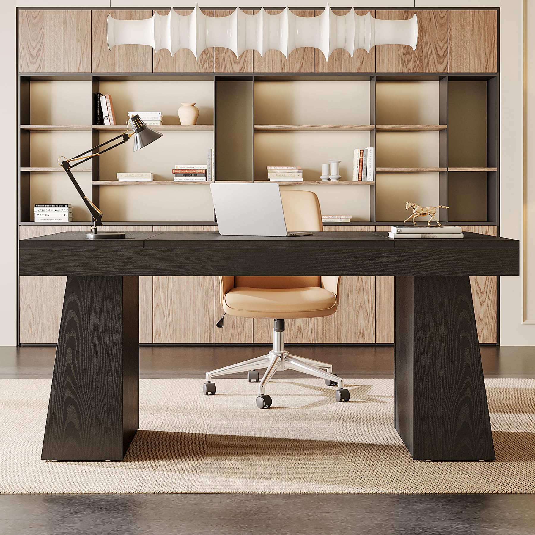 Tribesigns 55 Inch Modern Executive Desk - Mid Century Style Home Office Desk with Sturdy Double Trapezoid Base, Wooden Computer Desk for Business & Conference Room (Black) | Perfect for Small Office Spaces & Remote Workstations