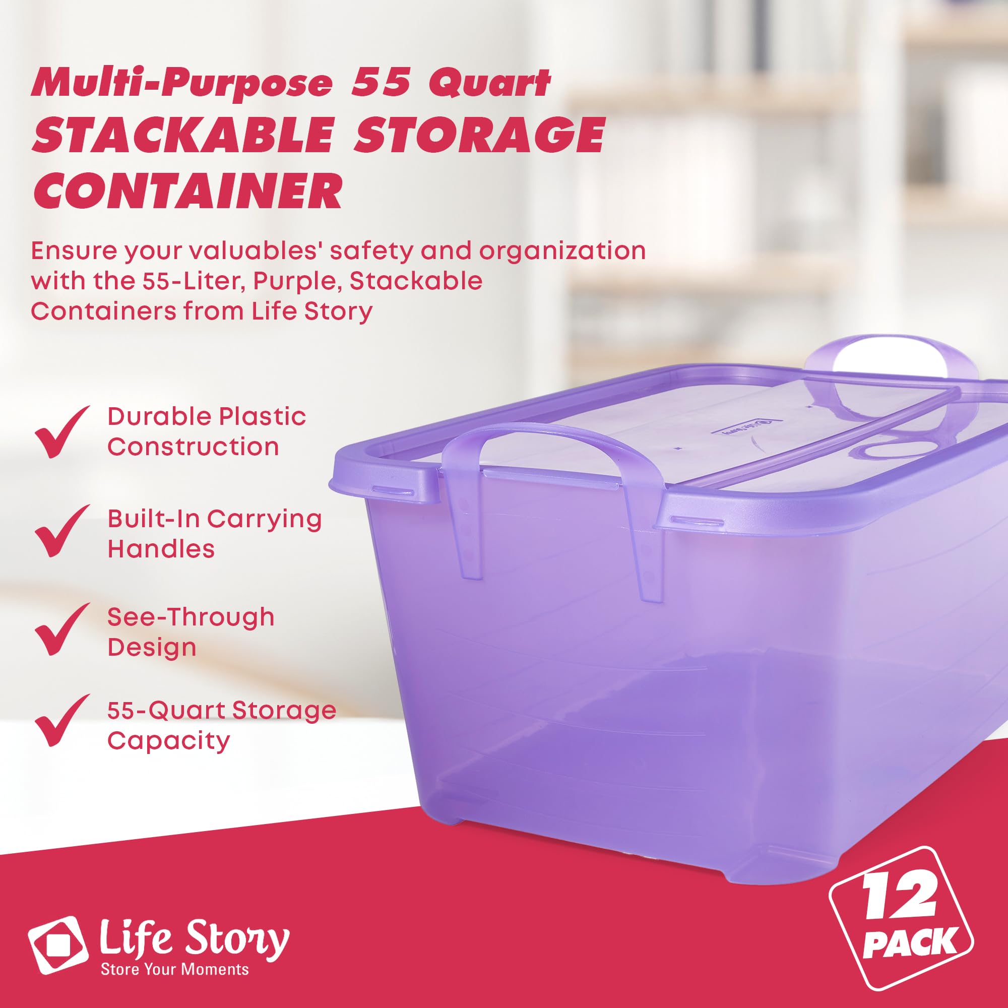 12-Pack Stackable Plastic Storage Bins with Handles & Secure Snap Lids - 55 Quart Capacity, Purple - Perfect for Home Organization, Closet Storage & Toy Containers
