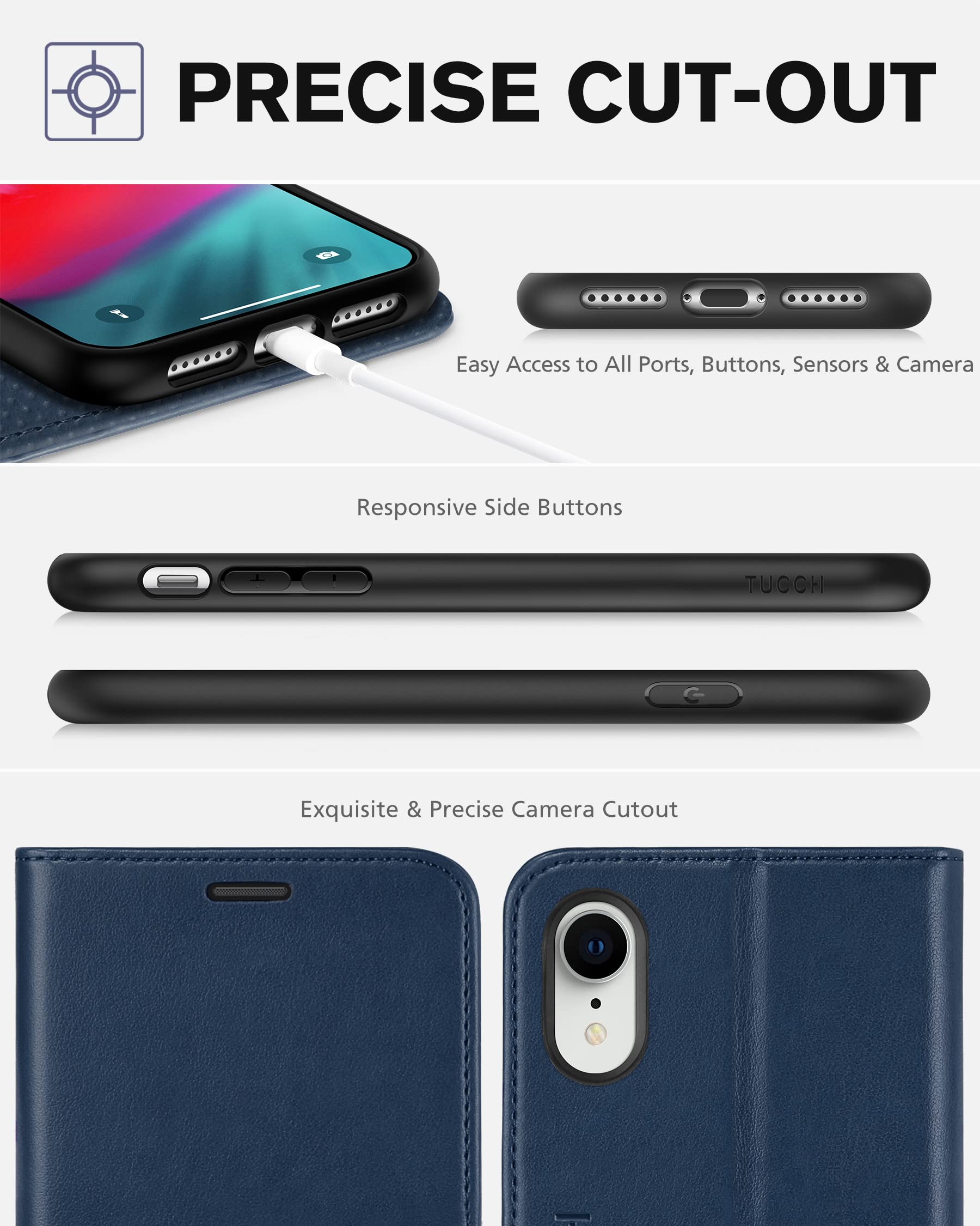 TUCCH RFID Blocking PU Leather Wallet Case for iPhone XR - Slim Flip Cover with Card Slots & Stand Holder | Wireless Charging Compatible | TPU Protective Shell | Perfect for iPhone XR 6.1 (Dark Blue) | Ideal for Travel, Work & Everyday Use