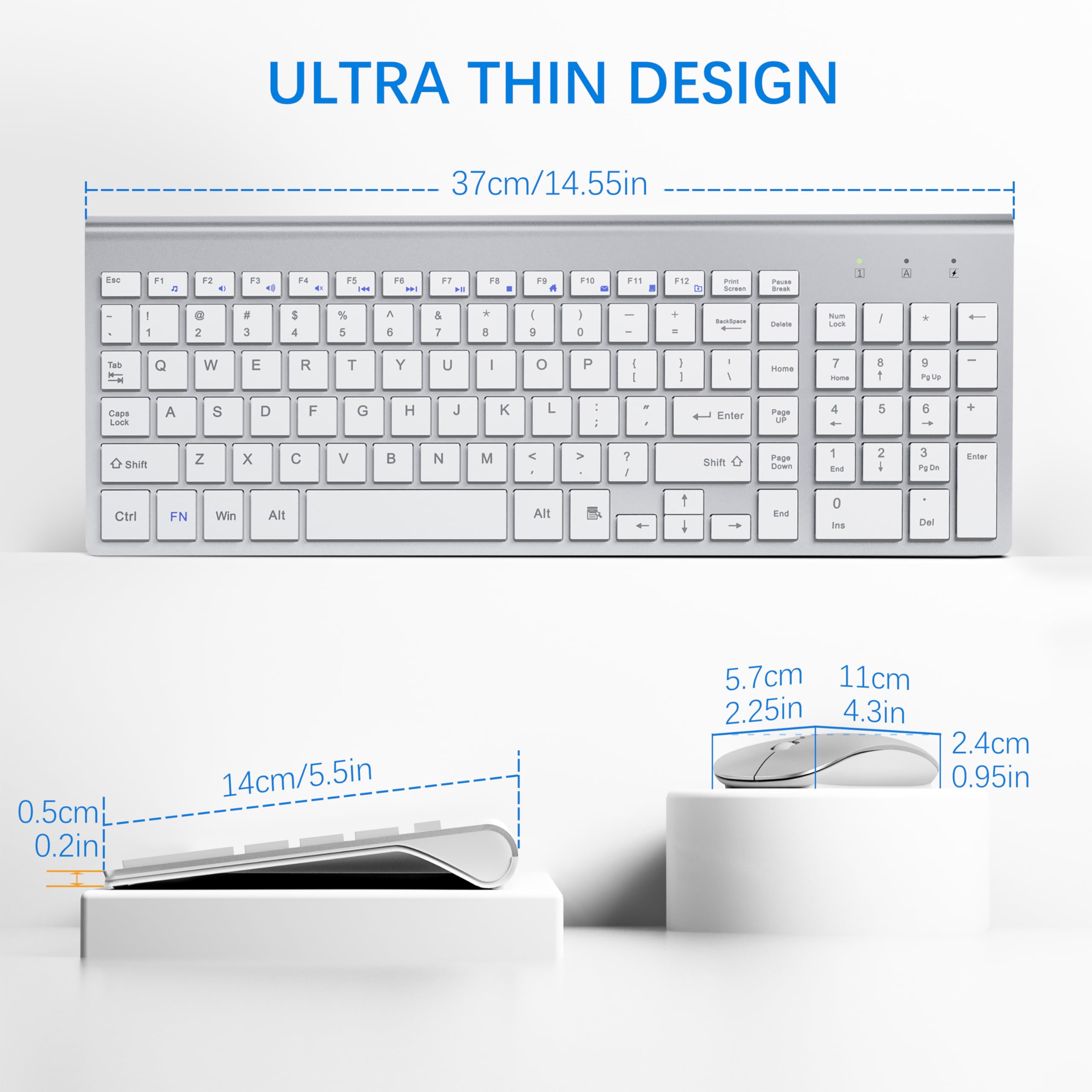 MOOJAY Ultra Slim 2.4G Wireless Keyboard and Mouse Combo with Mouse Pad - Quiet Scissor Switch USB Keyboard & Mouse Set with Protective Cover, Includes 2 AA & 2 AAA Batteries - Compatible with Laptop, PC, Windows (Silver White) | Perfect for Home Office, Gaming & Remote Work