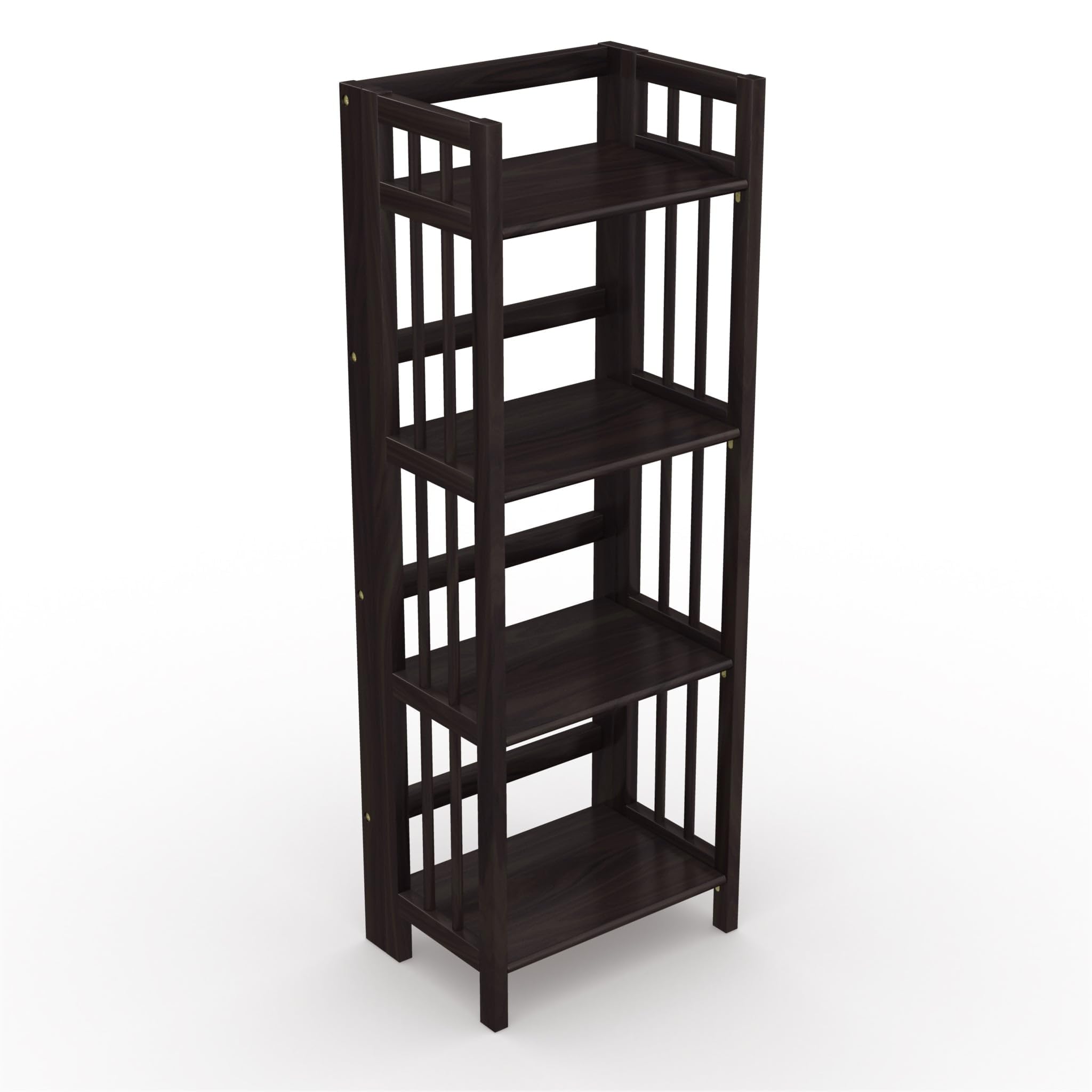 No Assembly Folding 4-Shelf Bookcase - 16 Inch Wide Espresso Finish Bookshelf & Media Storage Cabinet - Perfect for Home Office, Living Room, and Bedroom Organization