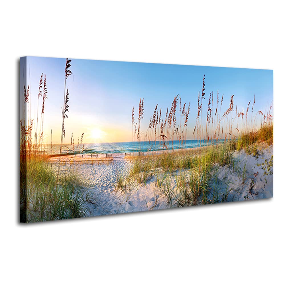 Blue Ocean Beach Landscape Wall Art - Framed Canvas Print 40x20 Inch for Living Room, Office & Home Decor - Perfect for Coastal Theme, Modern Interior Design