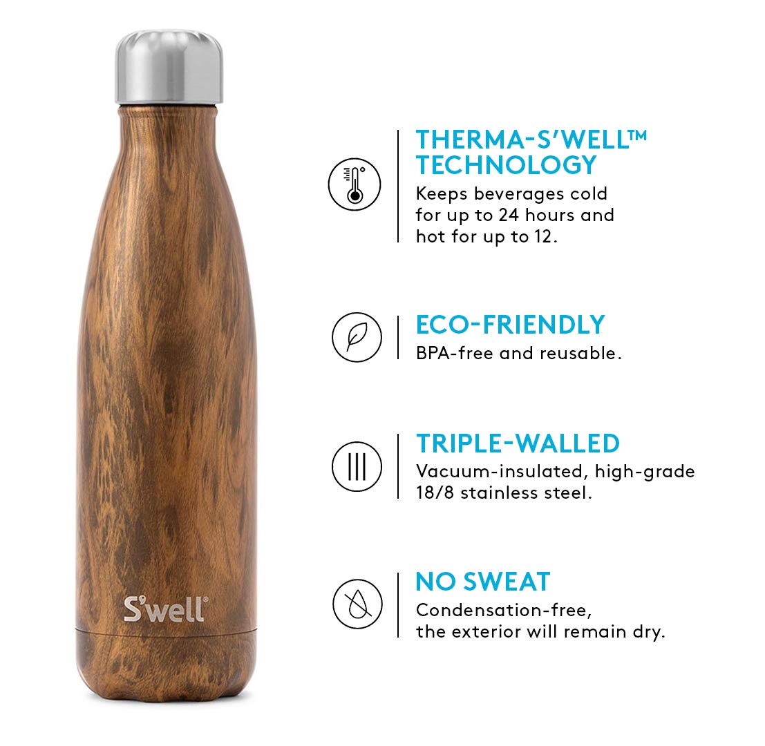 S'well Vacuum Insulated Stainless Steel Water Bottle - 17oz, Black Boa - Keeps Drinks Cold 24Hrs & Hot 12Hrs - Perfect for Gym, Hiking, Office & Outdoor Activities