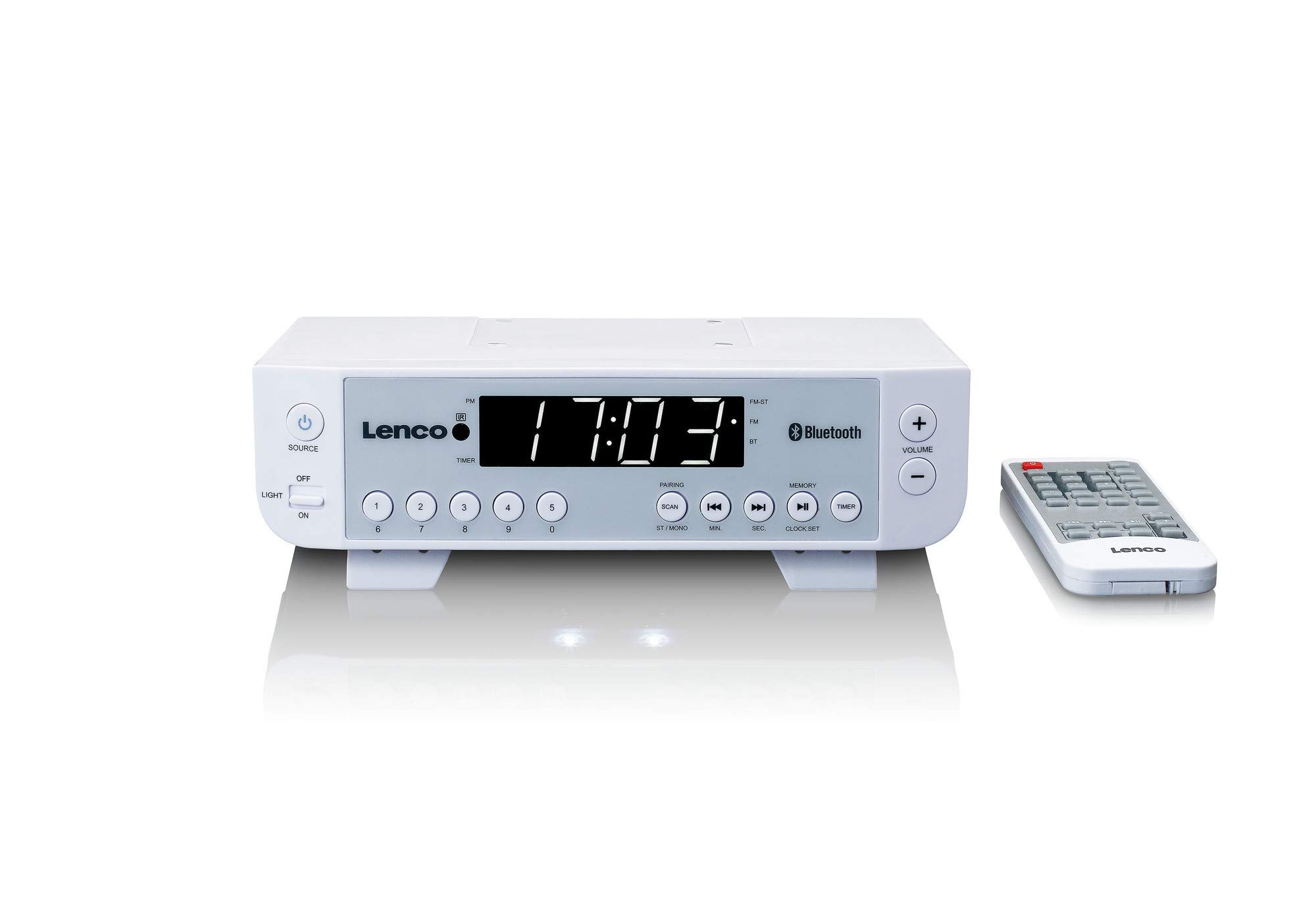Lenco KCR-100 Bluetooth Kitchen Radio with Built-in FM PLL Receiver, 5 Station Memory, LED Display, 2x1W RMS Speakers, Timer Clock & Remote - White - Perfect for Cooking, Dining & Home Entertainment