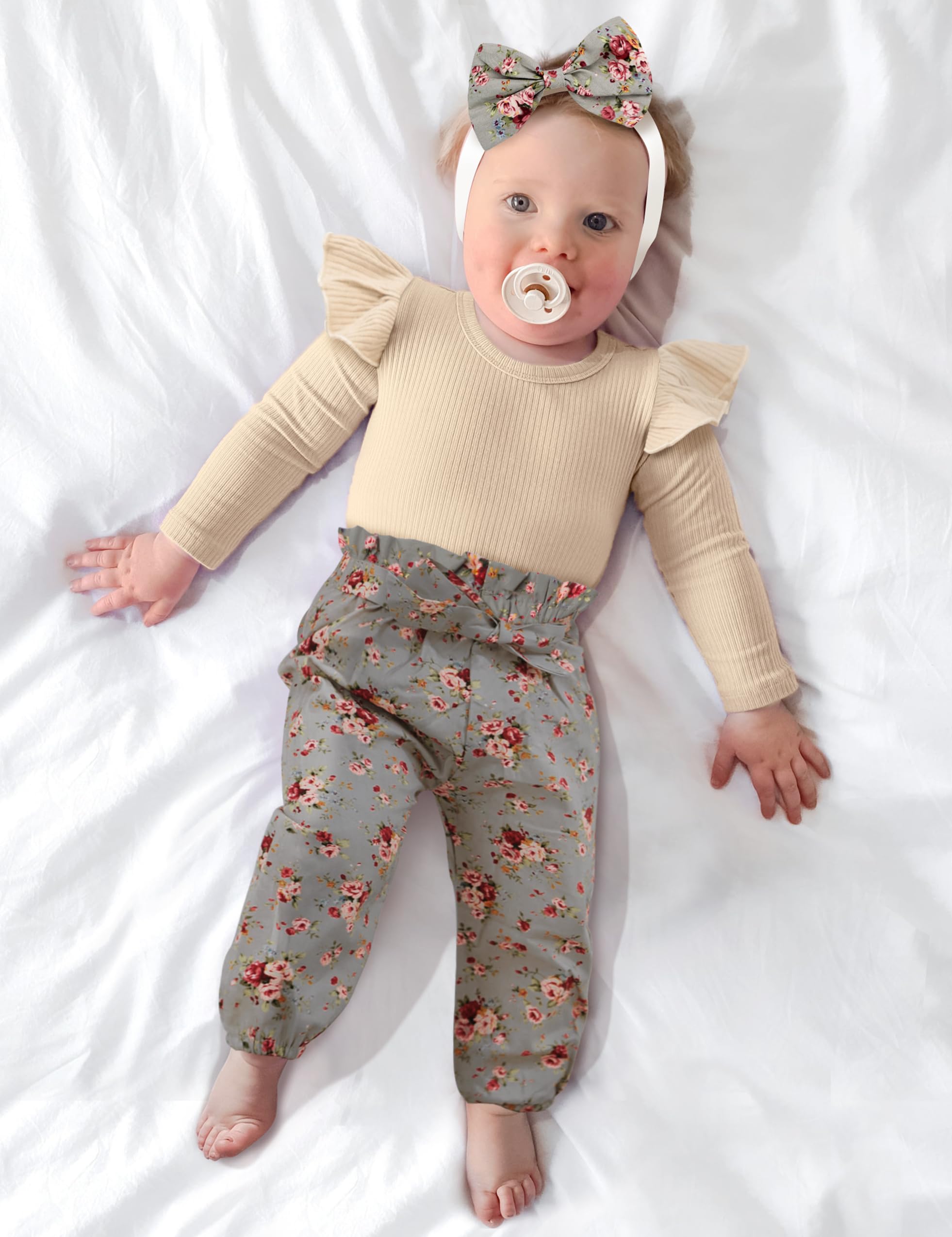 KANGKANG Newborn Baby Girl Outfit Set - Ribbed Ruffle Sleeve Romper, Floral Pants & Headband | 3-Piece Cute Infant Clothes for Photoshoot, Birthday Party & Daily Wear
