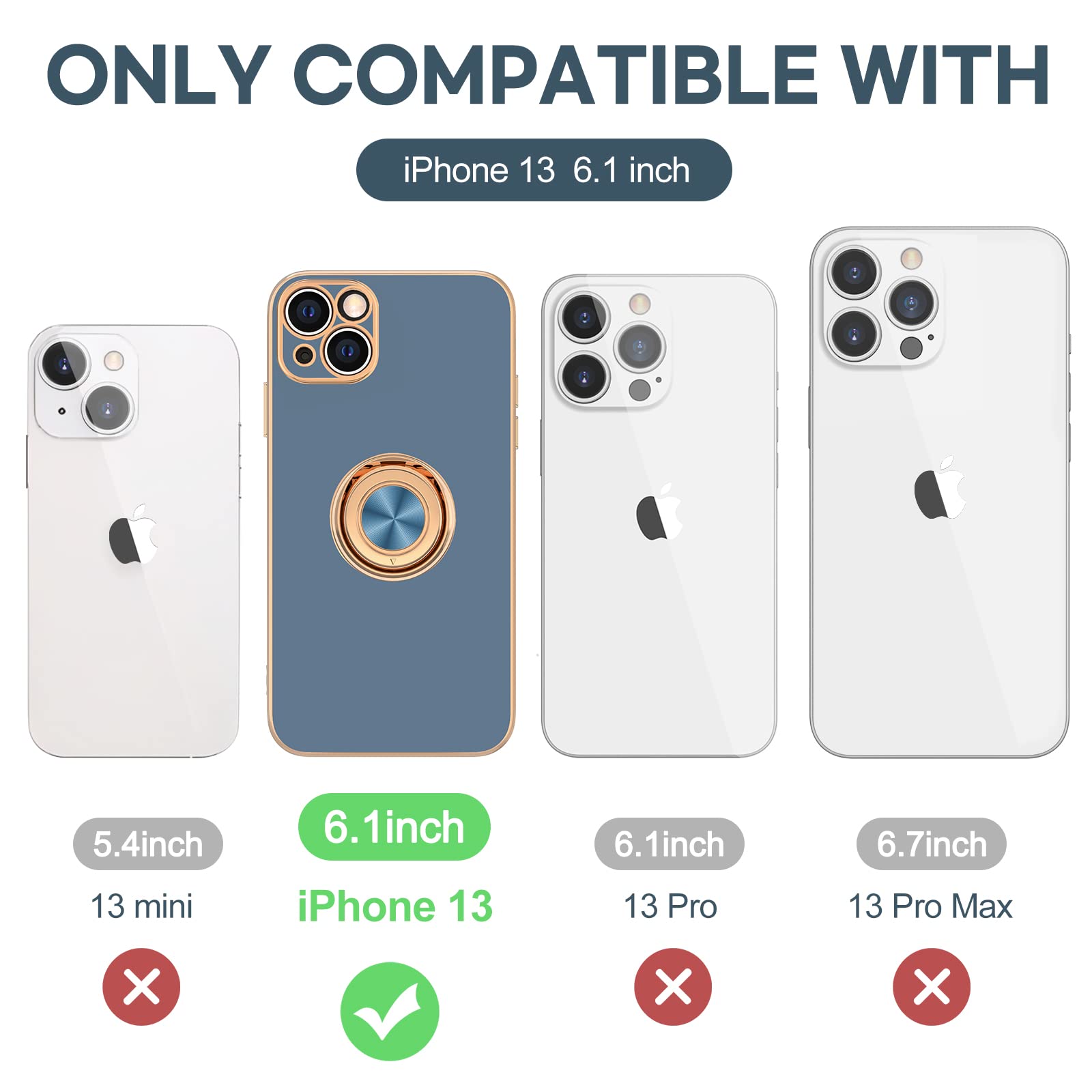 360° Rotatable Magnetic Ring Stand Case for iPhone 13 - Slim Soft TPU Cover with Plated Rose Gold Edge | Luxury Protective Phone Case for Women & Men (Blue Gray) | Perfect for Hands-Free Viewing, Workouts & Travel