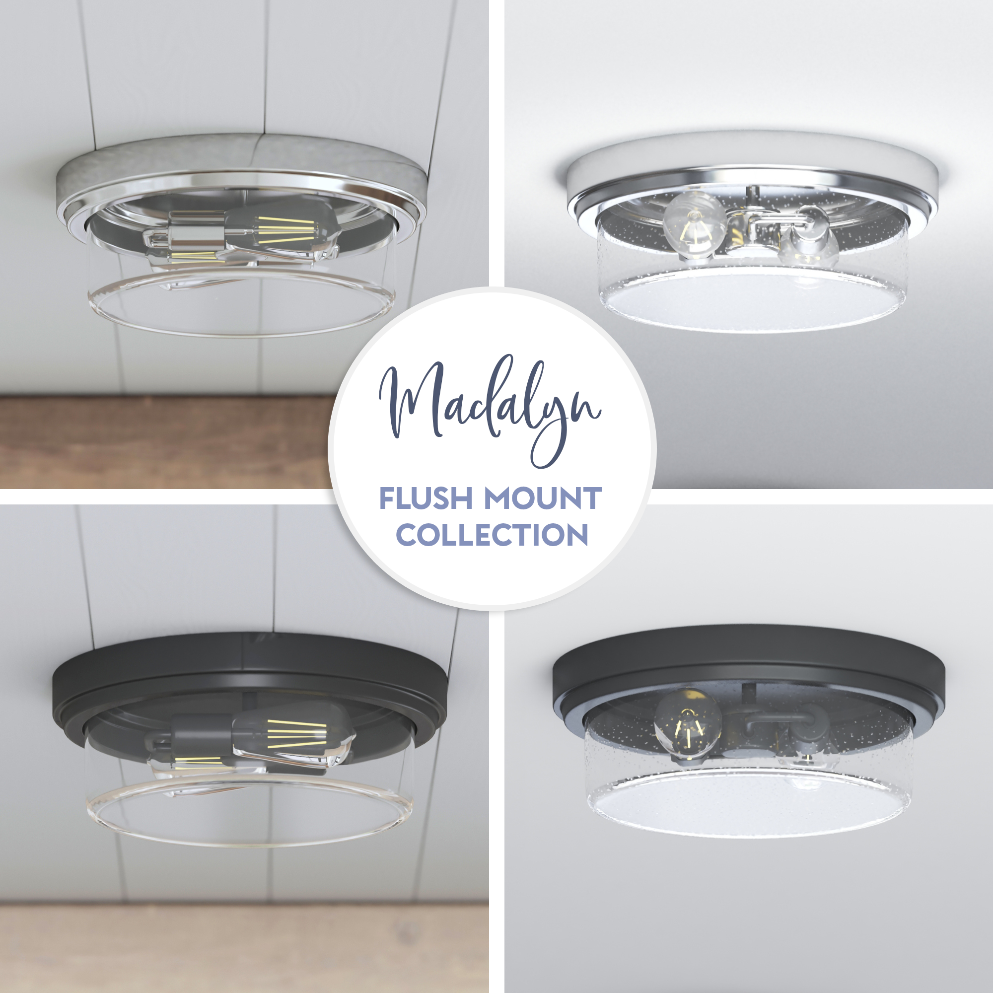 Madalyn Drum Flushmount Light Fixture - Clear Seeded Glass & Brushed Nickel Finish - Modern Ceiling Light for Bedroom, Living Room, Dining Room, and Hallway
