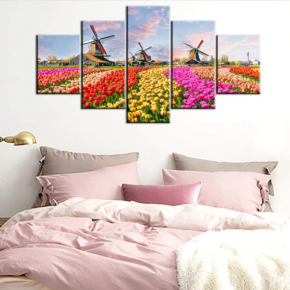 Dutch Windmill Tulip Field Landscape Art - 5-Piece Canvas Wall Decor Set (60