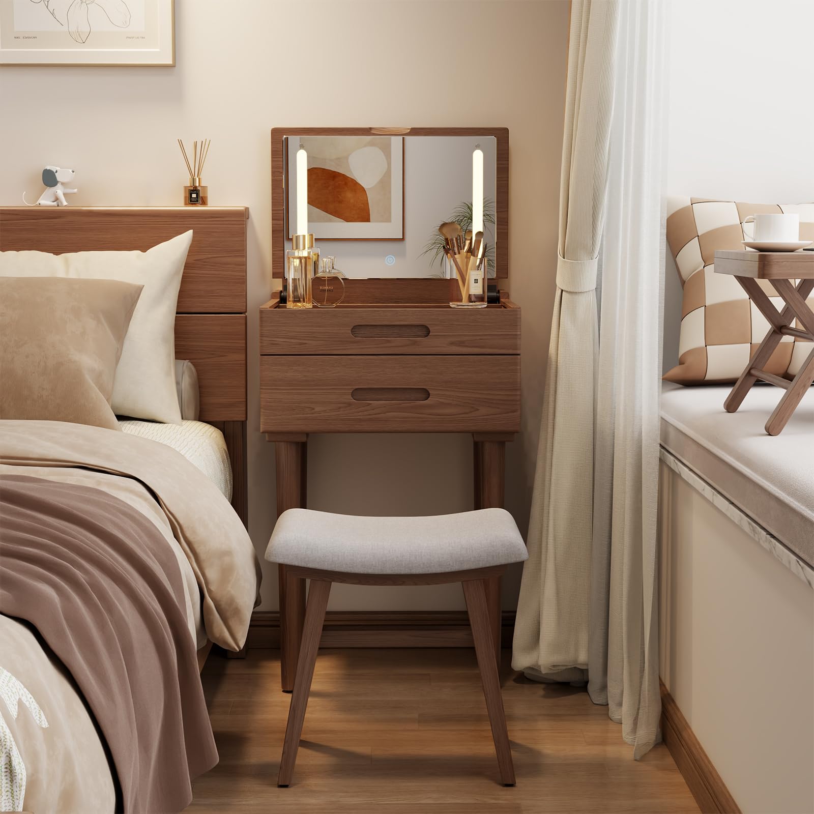 Solid Wood Small Vanity Desk with Flip Top Mirror & Adjustable LED Lights - Compact Dressing Table with Glass Top & Drawers - Space Saving Makeup Desk for Bedroom, Living Room, Apartment (Walnut Finish) - Perfect for Daily Beauty Routine, Small Space Decor & Gift Ideas