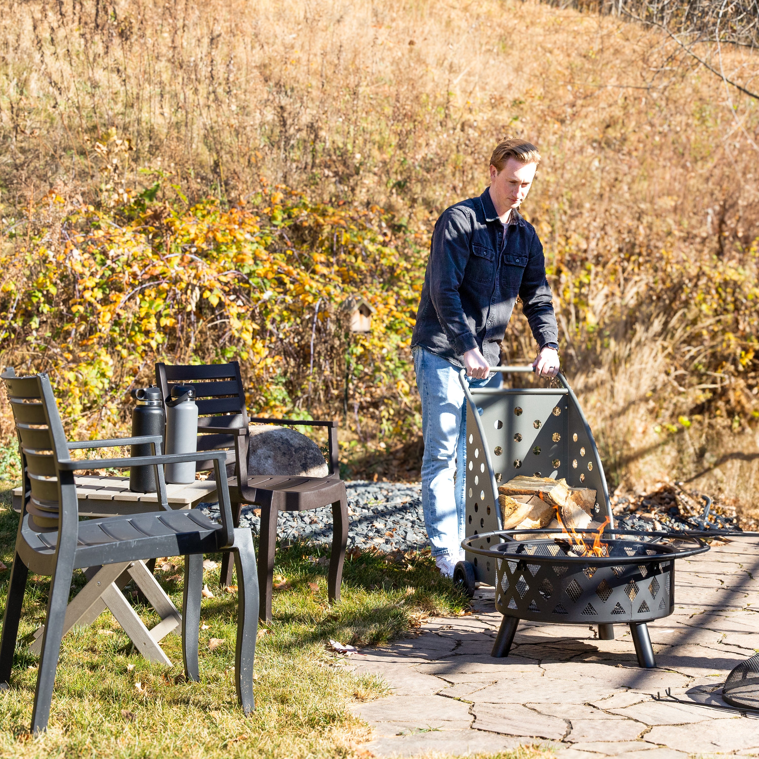 Sunnydaze Heavy-Duty Steel Firewood Log Cart with Wheels - 34 Inch Outdoor Firewood Rack for Fireplace, Camping, and Backyard Storage