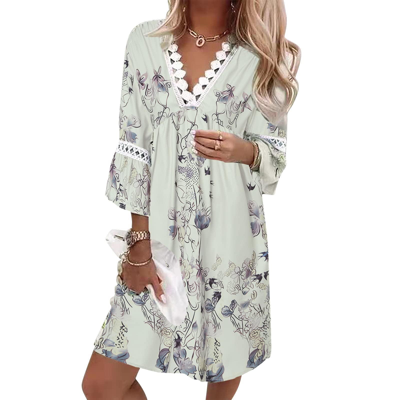 Boho Mini Dress for Women - Sexy Lace Trim V-Neck Tunic with Floral Print | Summer & Fall Swing Dress for Beach, Vacation & Casual Outings