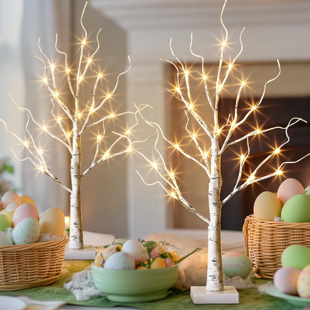 Vanthylit White Birch Tree with LED Lights - Set of 2, 24 LED Tabletop Christmas Tree with Timer, Indoor Holiday Decor for Mantel, Living Room, Office, and Party Decorations (2 FT) - Perfect for Festive Home Decor, Winter Weddings, and Cozy Seasonal Ambiance