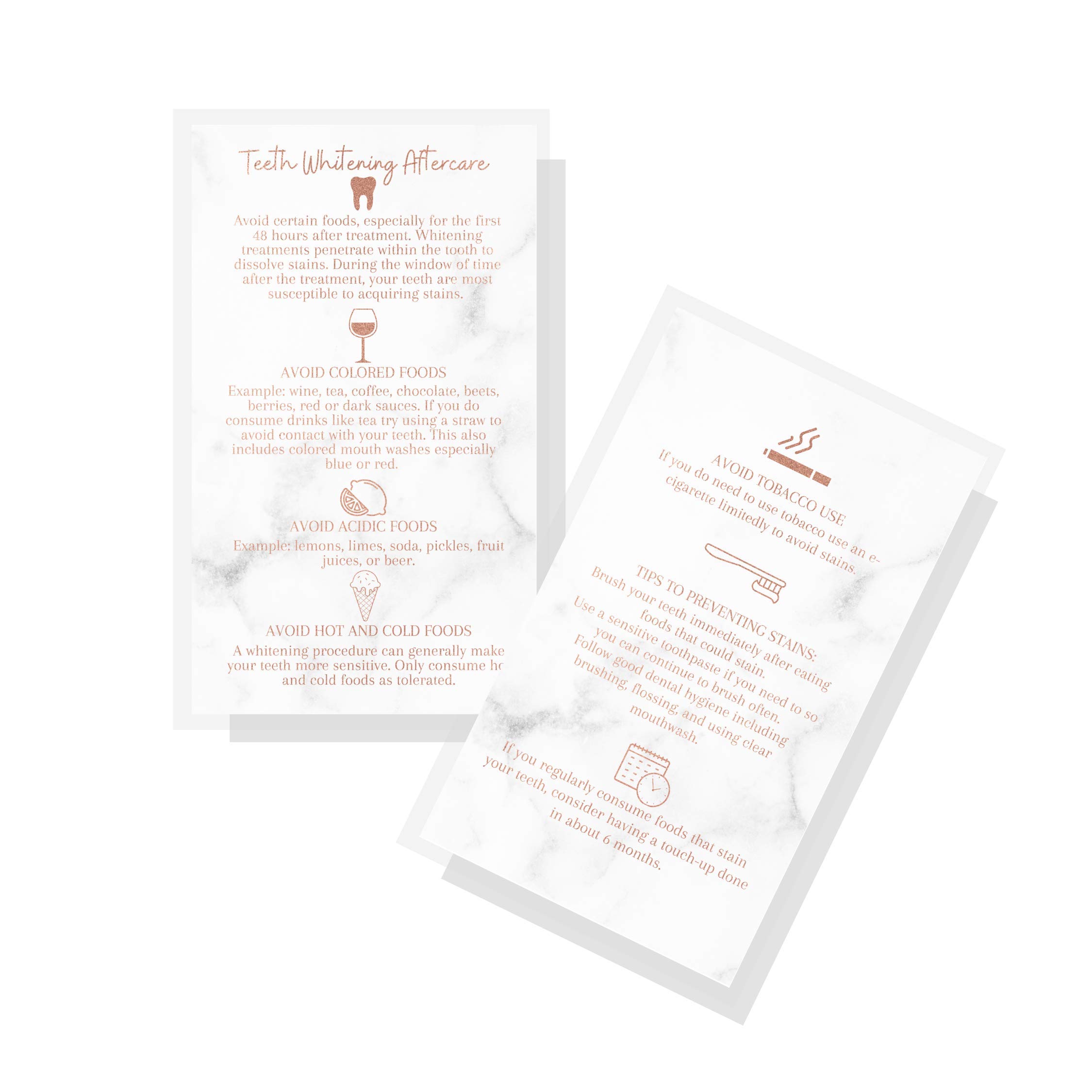 50 Pack Teeth Whitening Aftercare Instructions Cards | 2x3.5 Inch Business Card Size | Rose Gold Marble Design | Perfect for Dental Offices & At-Home Whitening Kits