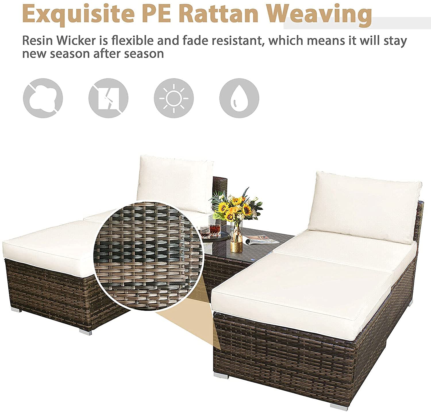 5-Piece Outdoor Chaise Lounge Set with Ottoman & Coffee Table - Rattan Wicker Daybed Conversation Sofa with Cushions for Garden, Balcony, Poolside & Backyard - Perfect for Relaxing, Sunbathing and Outdoor Entertaining