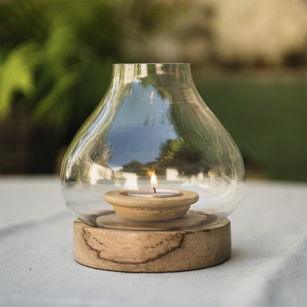 Handmade Glass Lantern with Mango Wood Base - Elegant Home Decor for Living Room, Bedroom, or Outdoor Patio Lighting