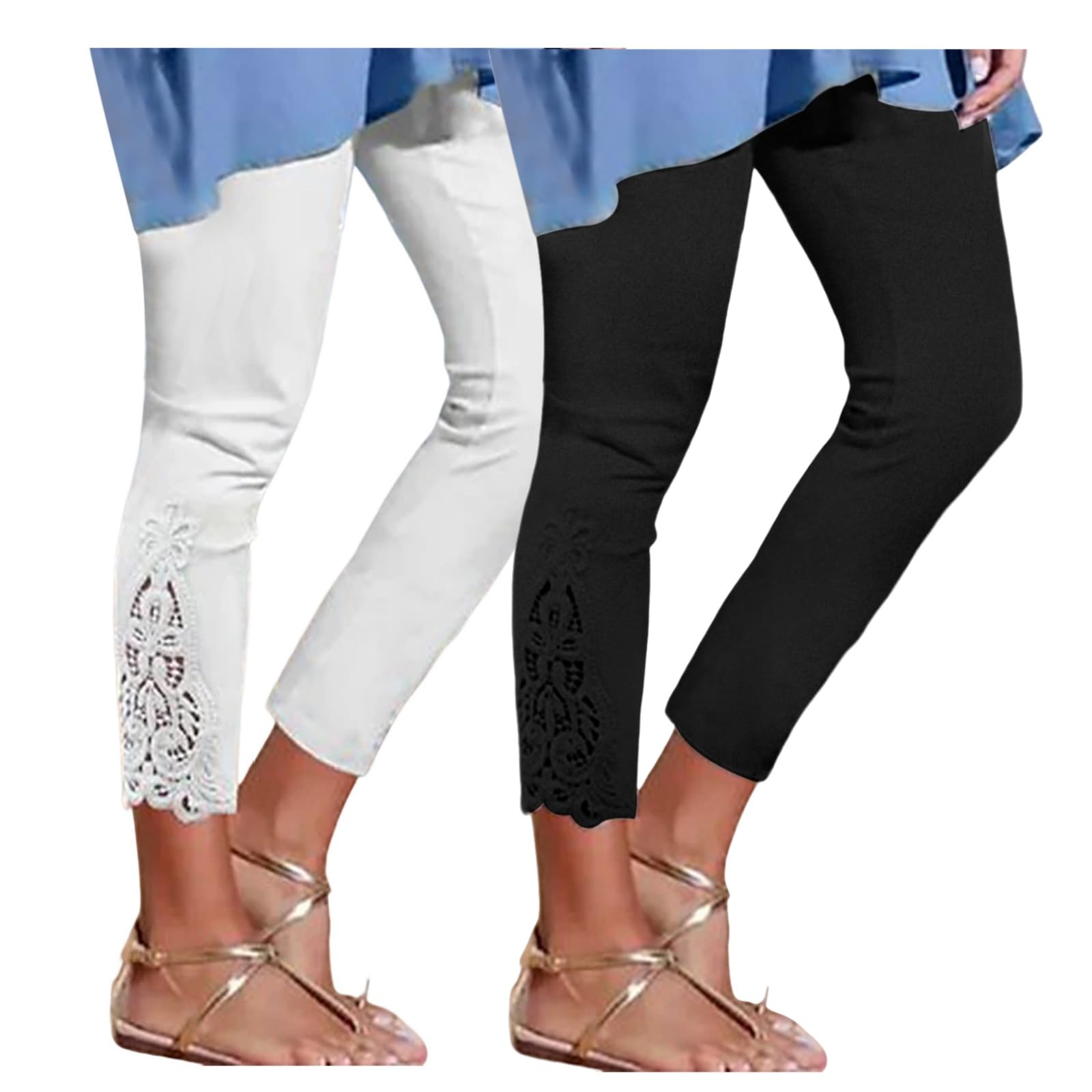 2 Pack Women's High Waist Yoga Leggings - Cropped Workout Pants with Lace Stitching for Gym, Running & Casual Wear | Athletic Stretchable Comfort Pants for Yoga, Pilates & Daily Activities